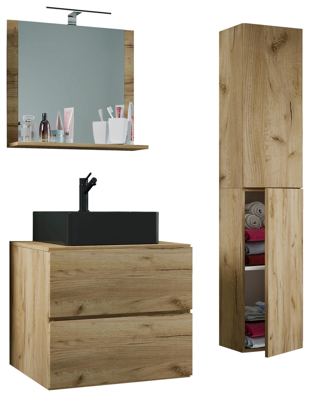 BADEZIMMER 4-teilig  in 94 cm  - Honigeiche/Schwarz, MODERN, Glas/Keramik (94cm) - MID.YOU