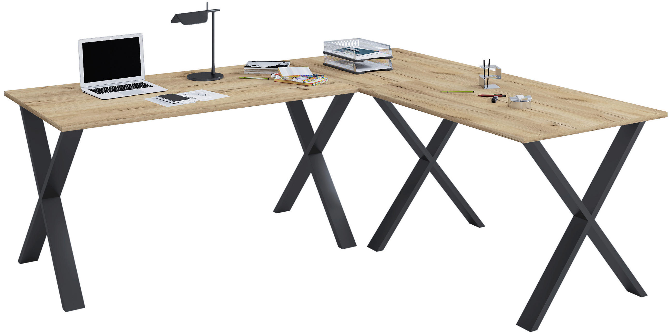 ECKSCHREIBTISCH 220/160/76 cm  in Schwarz, Honigeiche  - Honigeiche/Silberfarben, MODERN, Holzwerkstoff/Metall (220/160/76cm) - MID.YOU