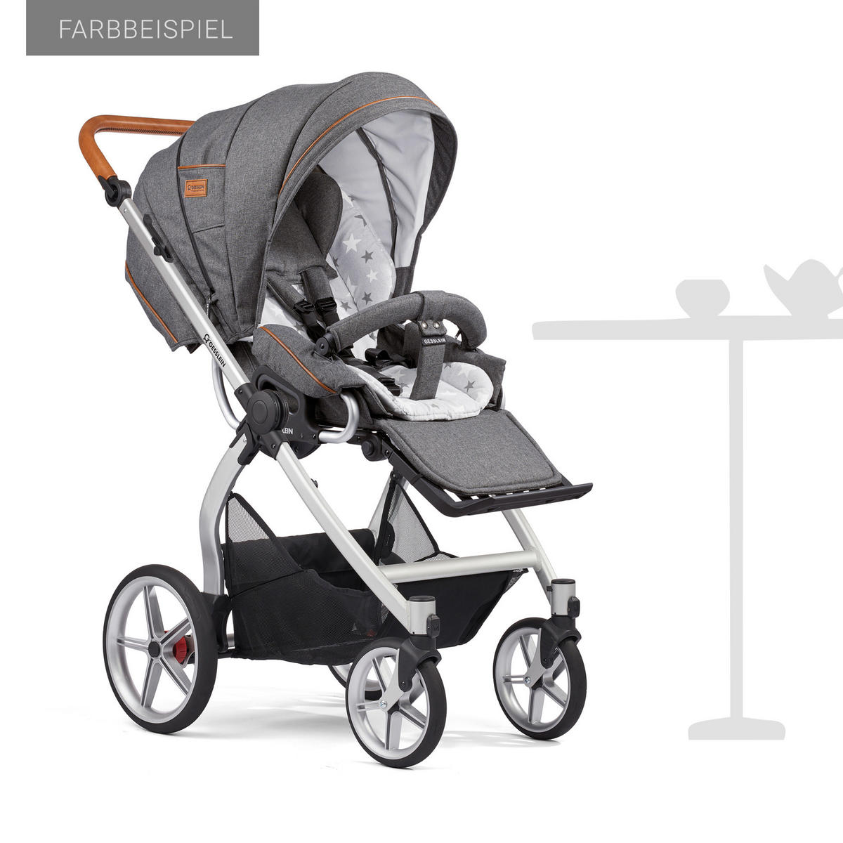KINDERWAGENSET  FX4 Classic   - Silberfarben/Schwarz, Basics, Leder/Textil (57/129/100cm) - Gesslein