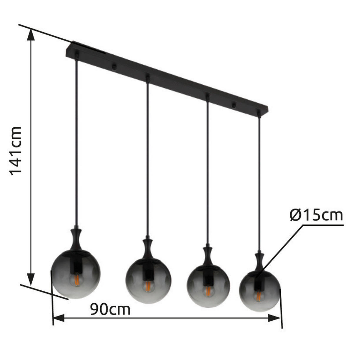 HÄNGELEUCHTE 90/15/130 cm    - Schwarz, Design, Glas/Kunststoff (90/15/130cm) - Globo