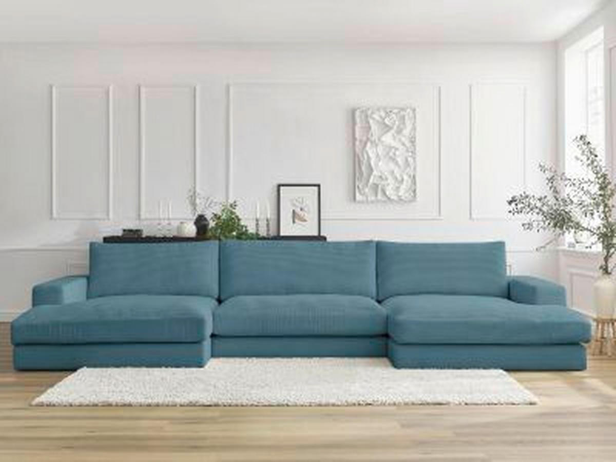 WOHNLANDSCHAFT LEONARD Hellblau Cord  - Schwarz/Hellblau, MODERN, Kunststoff/Textil (159/349/159cm)