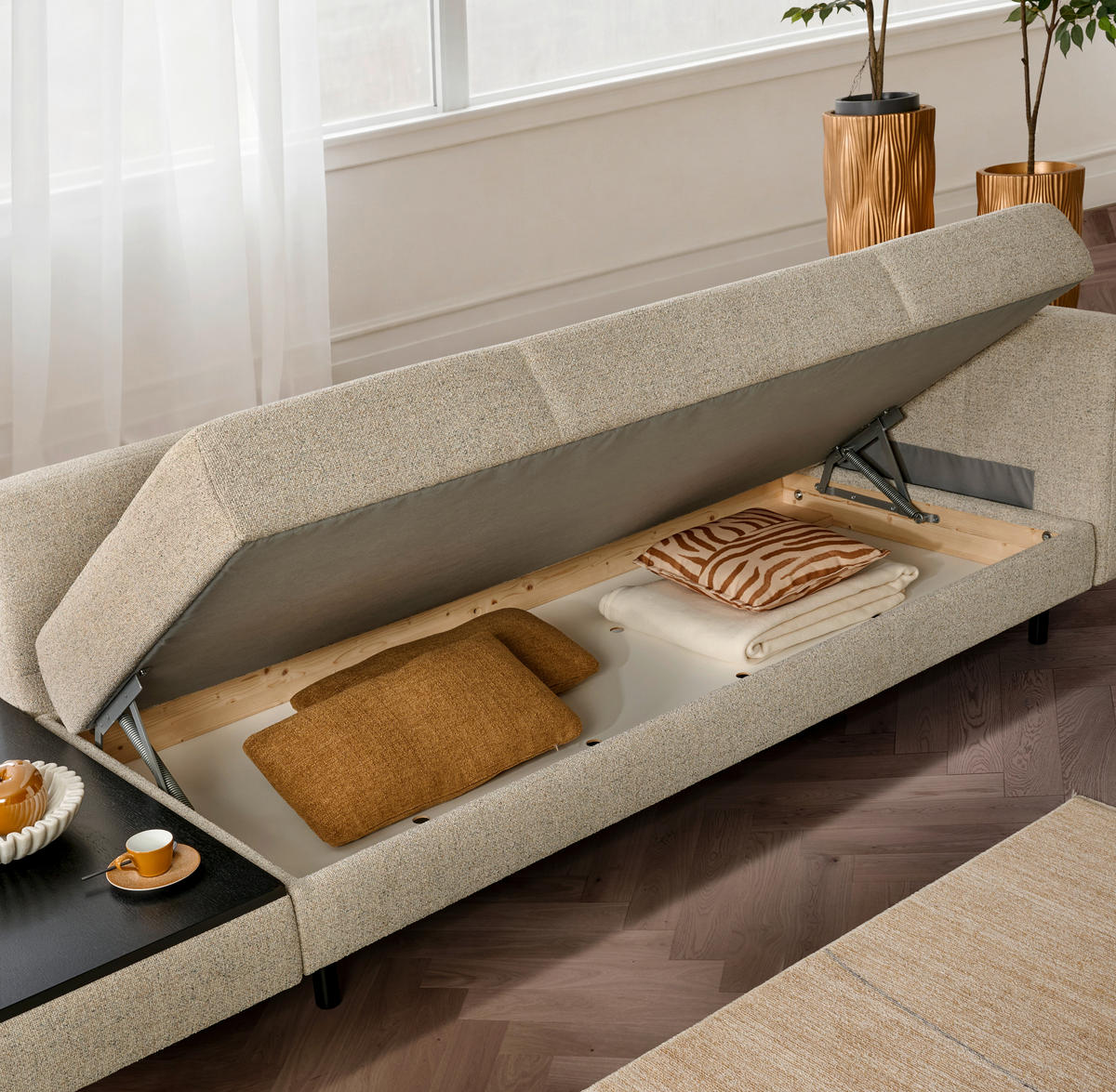 LIEGE Webstoff Creme  - Eiche dunkel/Creme, Design, Holz/Textil (210/84/130cm) - Joka