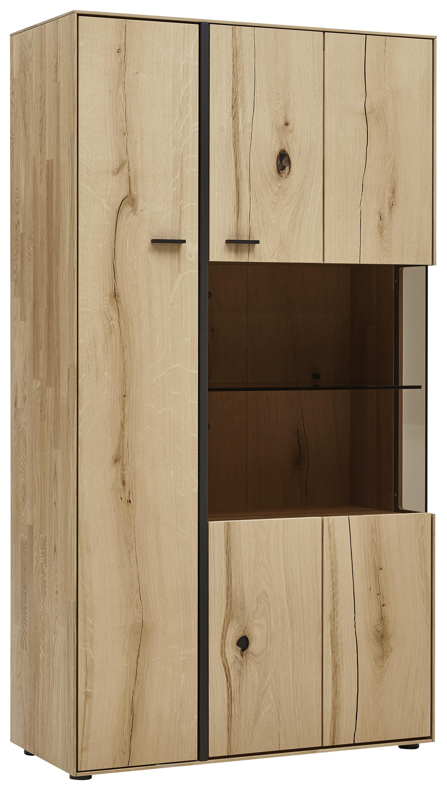 HIGHBOARD Wildeiche, Balkeneiche massiv Eichefarben Einlegeböden Novara - Eichefarben/Schwarz, Design, Glas/Holz (91,9/167,1/41,1cm) - Valnatura