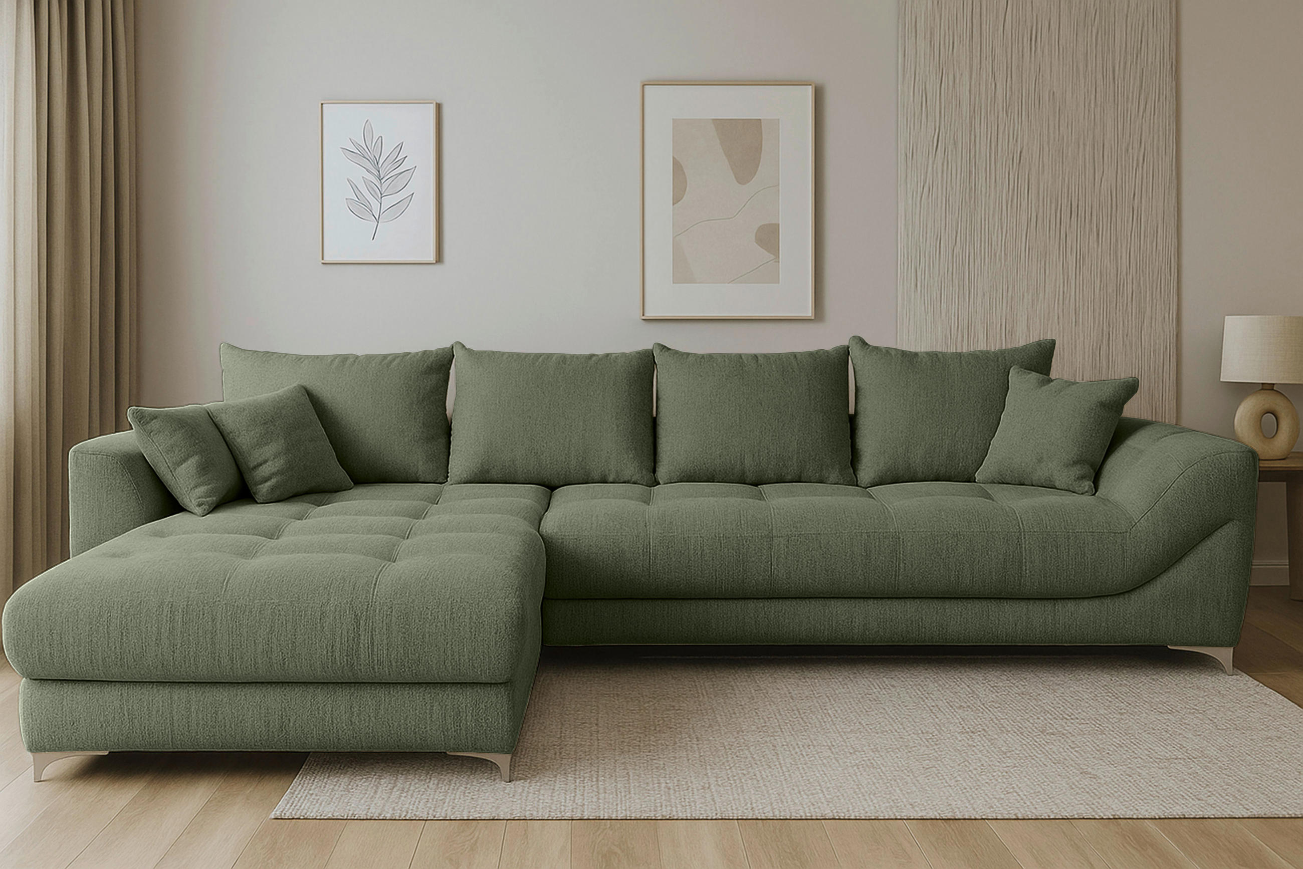 ECKSOFA Dunkelgrün Chenille  - Chromfarben/Dunkelgrün, KONVENTIONELL, Textil/Metall (227/329cm) - Carryhome
