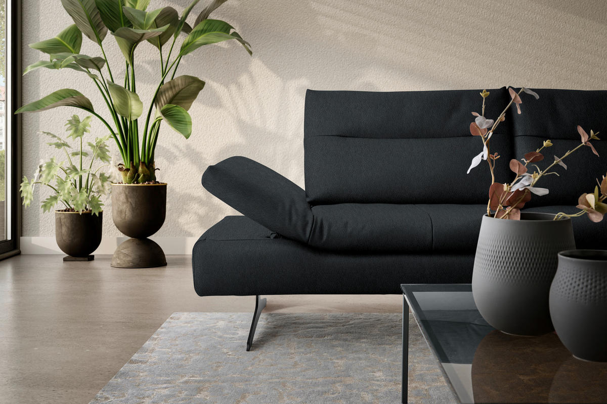 ECKSOFA in Echtleder Schwarz  - Schwarz, Modern, Leder/Metall (342/158cm) - Chilliano