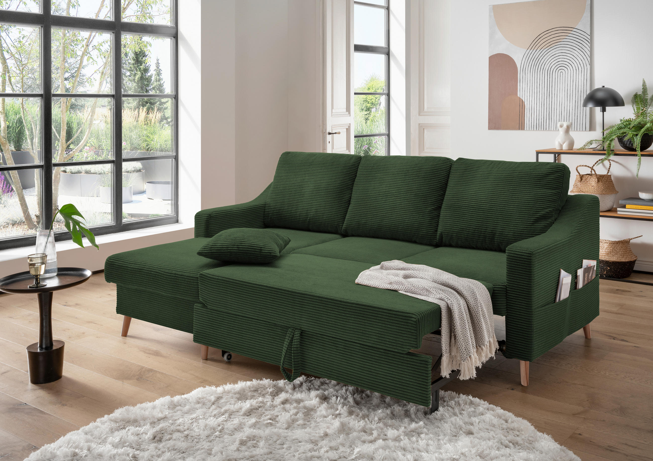 ECKSOFA Dunkelgrün Cord  - Dunkelgrün/Naturfarben, Design, Holz/Textil (150/228cm) - P & B