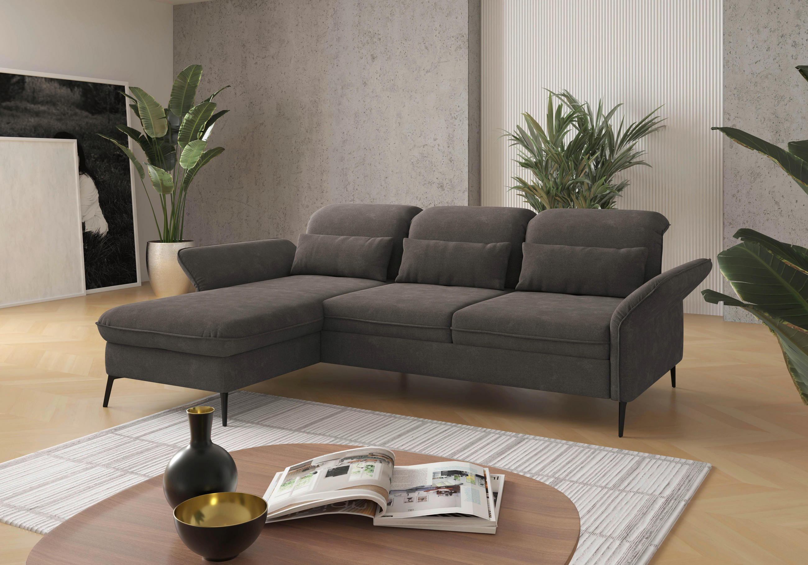 ECKSOFA in Flachgewebe Graphitfarben - Schwarz/Graphitfarben, Konventionell, Textil/Metall (198/264cm) - Sit & More