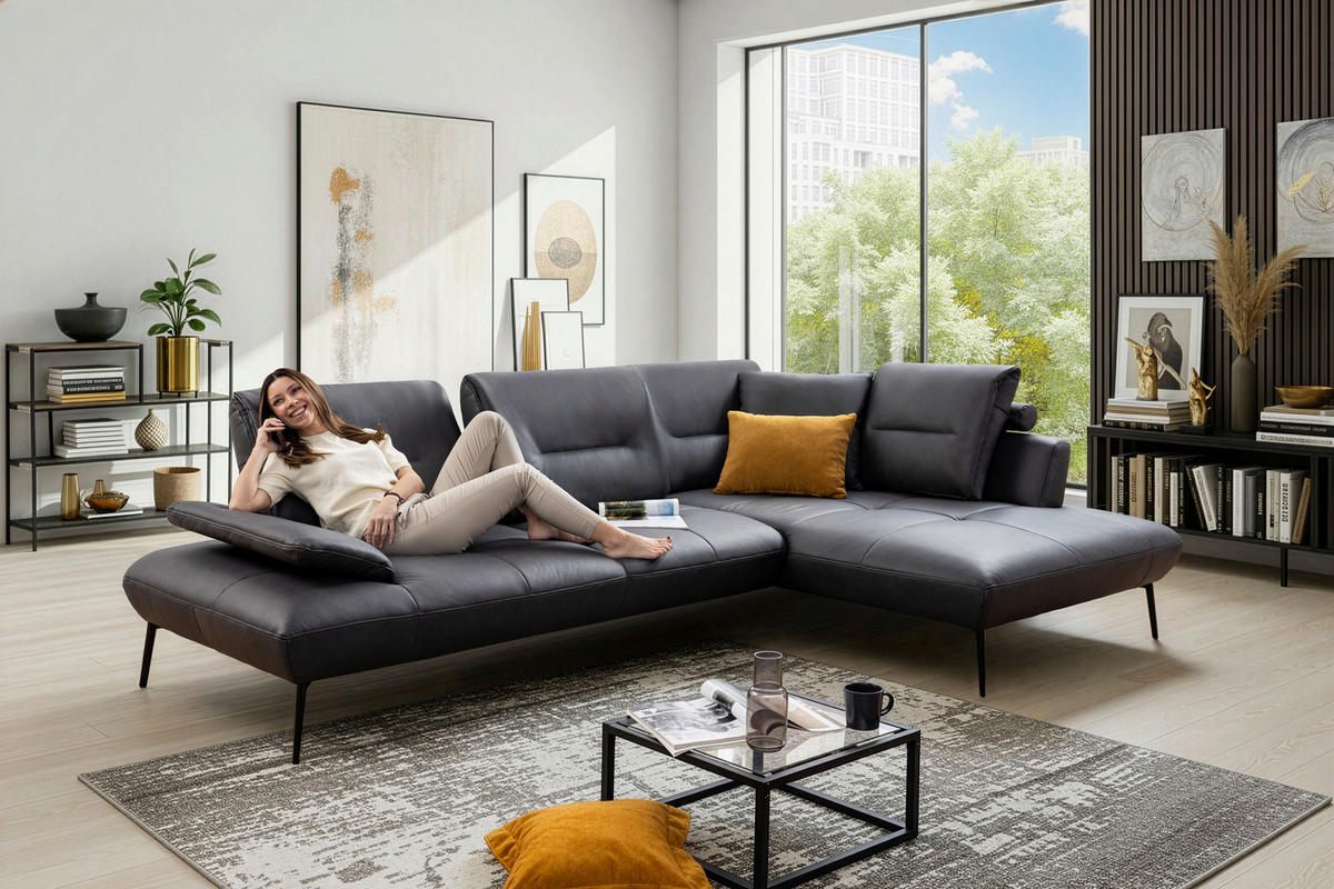 ECKSOFA Anthrazit Echtleder Rücken echt, Sitztiefenverstellung  - Anthrazit/Schwarz, Design, Leder/Metall (320/190cm) - Moderano