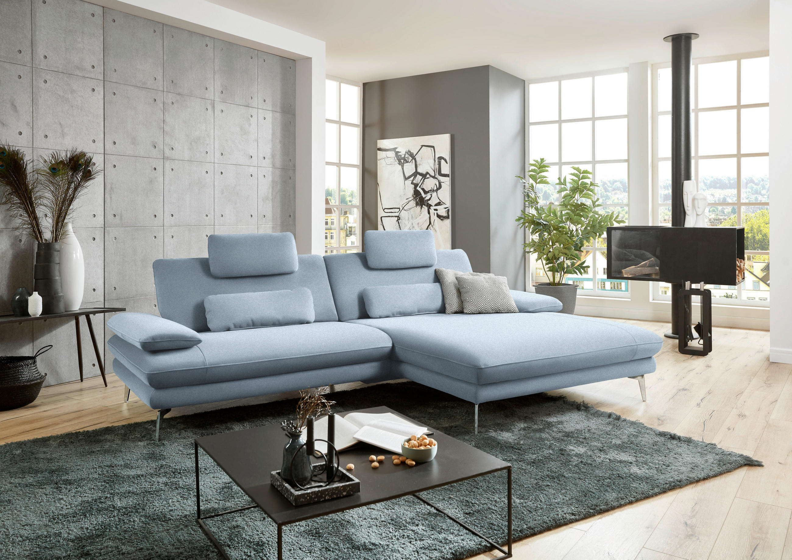 ECKSOFA in Webstoff Hellblau  - Schwarz/Hellblau, Design, Textil/Metall (284/184cm) - Dieter Knoll