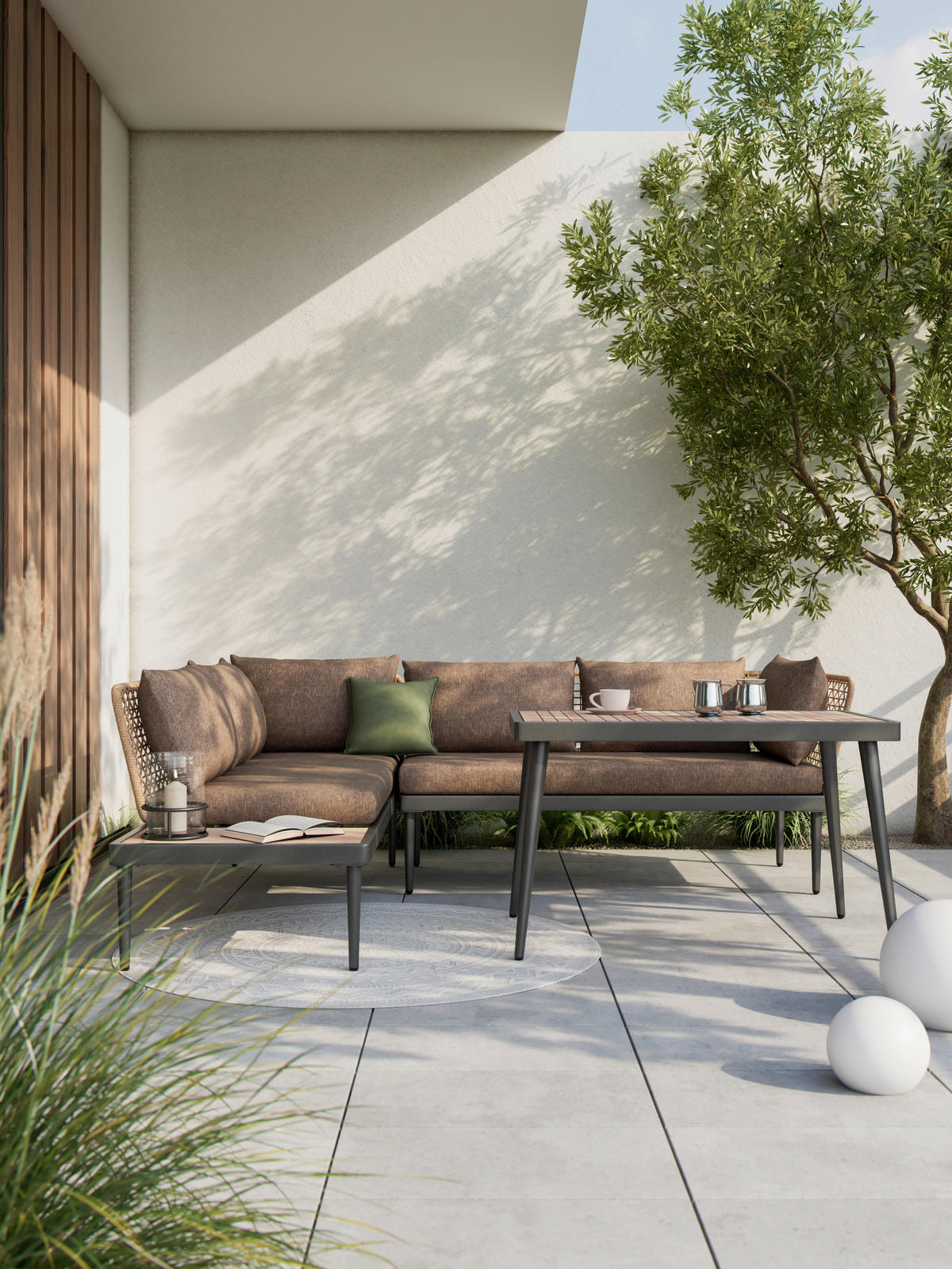 GARTENGARNITUR 3-teilig  - Schwarz/Grau, KONVENTIONELL, Holz/Metall (186/227cm) - Ambia Garden