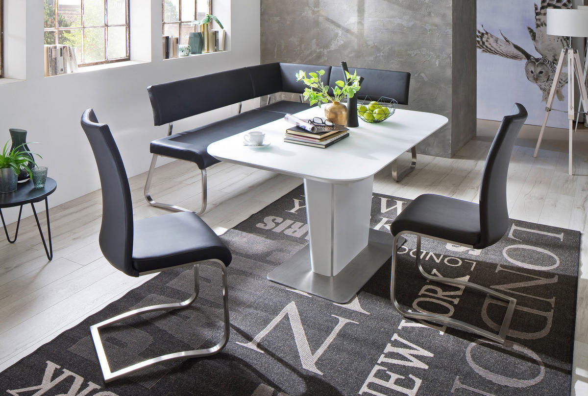 ECKBANK Lederlook Schwarz, Edelstahlfarben   - Edelstahlfarben/Schwarz, Design, Textil/Metall (200cm) - Livetastic