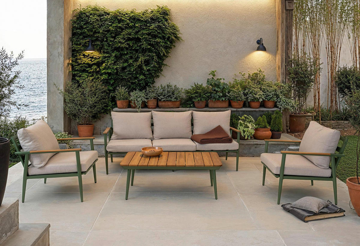 LOUNGEGARNITUR Teakholz Aluminium  - Smaragdgrün/Hellgrau, MODERN, Holz/Textil (320/190/80cm) - Ambia Garden