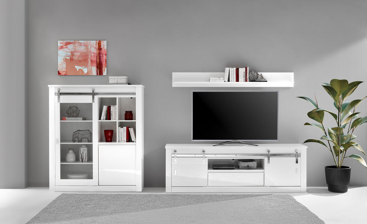 WOHNWAND 3-teilig  in Weiß, Weiß Hochglanz  349/170/43 cm  - Chromfarben/Weiß Hochglanz, Design, Holzwerkstoff/Metall (349/170/43cm) - Livetastic