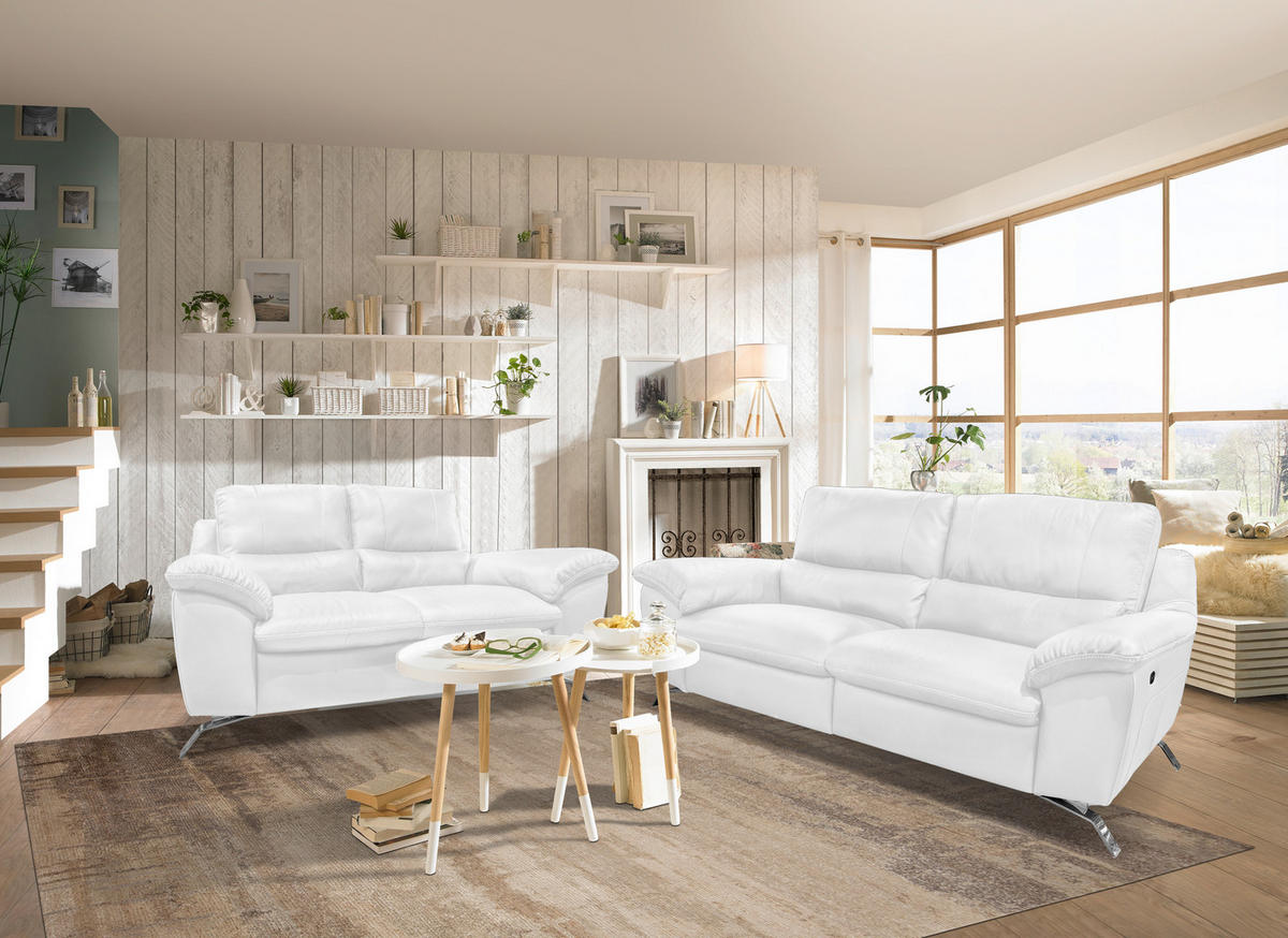 2,5-SITZER Kombination Echtleder/Lederlook Weiß  - Silberfarben/Weiß, Design, Leder/Metall (216/97/95-151cm) - Livetastic