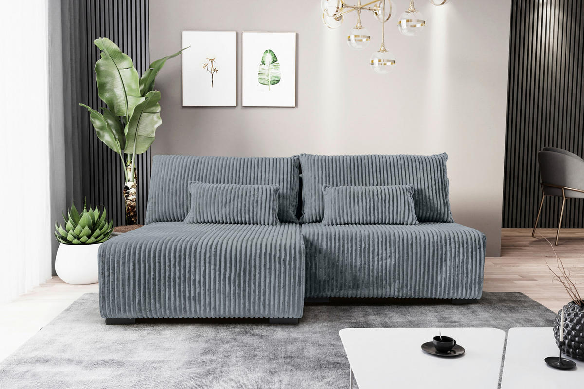 ECKSOFA in Cord Grau  - Schwarz/Grau, Modern, Holz/Textil (145/210cm) - MID.YOU