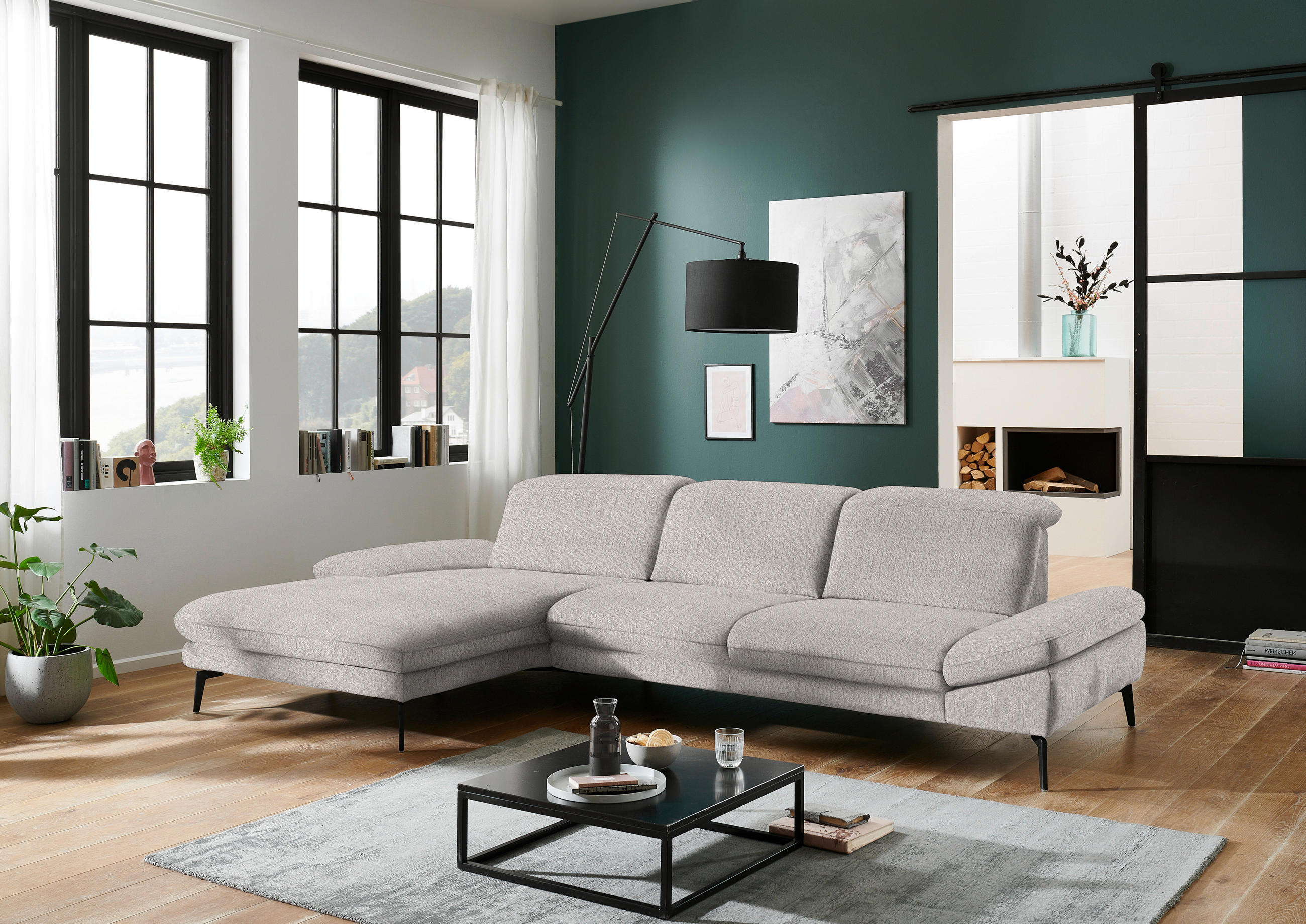 ECKSOFA in Chenille Greige  - Greige/Schwarz, Design, Textil/Metall (188/319cm) - Beldomo System