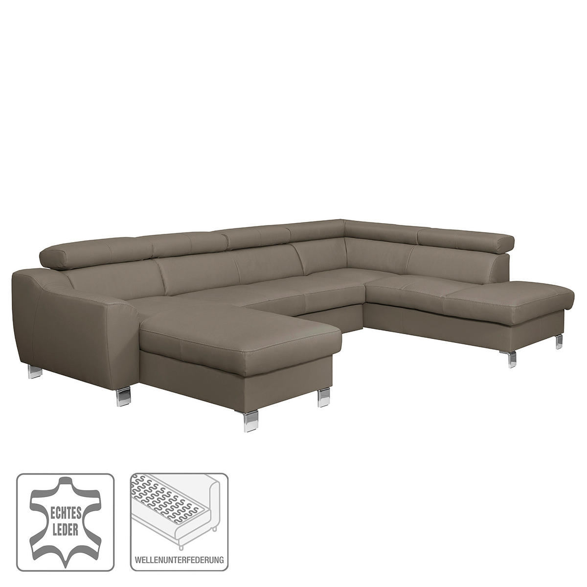 WOHNLANDSCHAFT in Lederlook Echtleder Taupe  - Taupe/Chromfarben, Design, Leder/Textil (175/315/208cm) - Livetastic