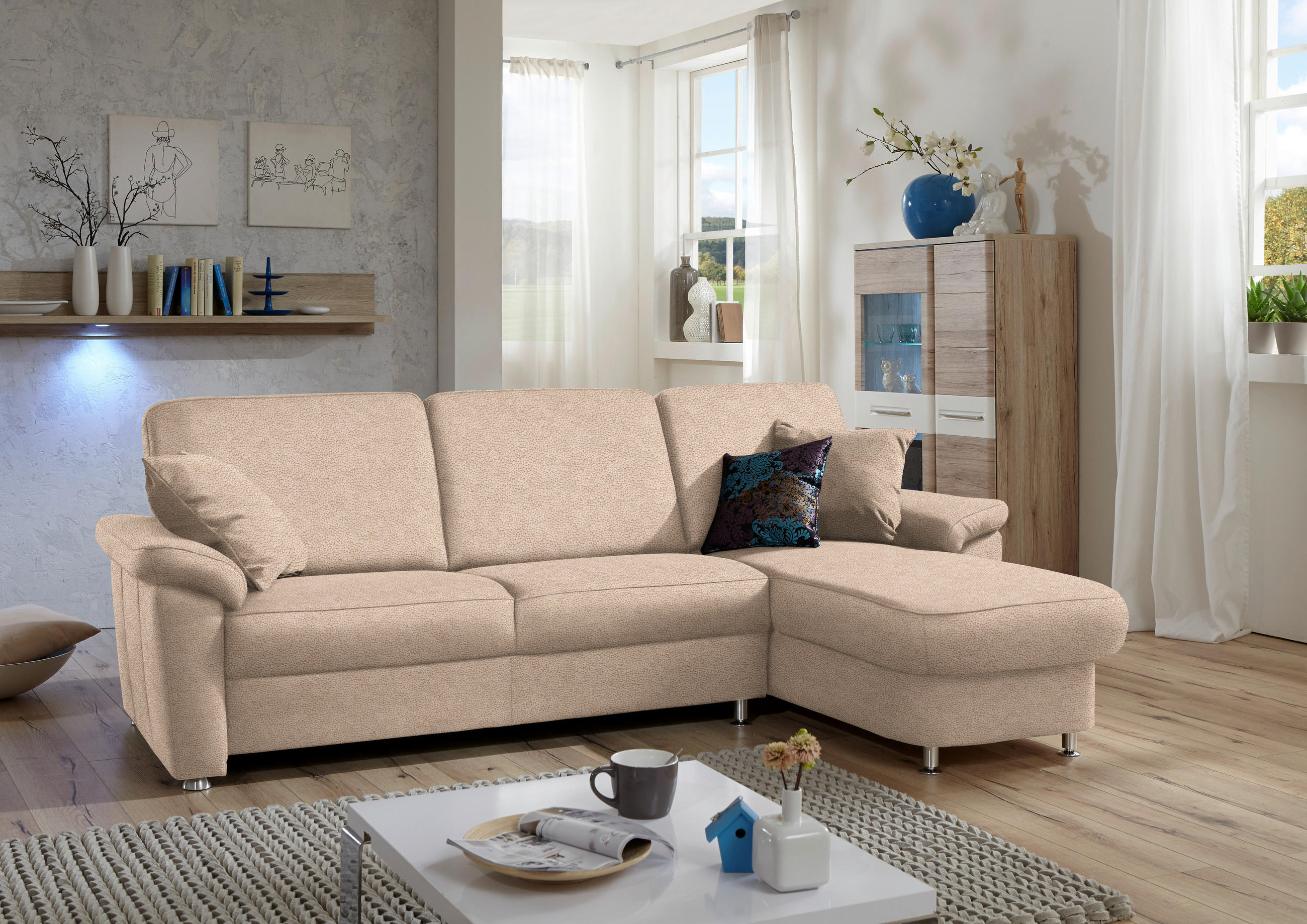 ECKSOFA in Flachgewebe Beige  250/163 cm  - Chromfarben/Beige, KONVENTIONELL, Textil/Metall (250/163cm) - Beldomo System