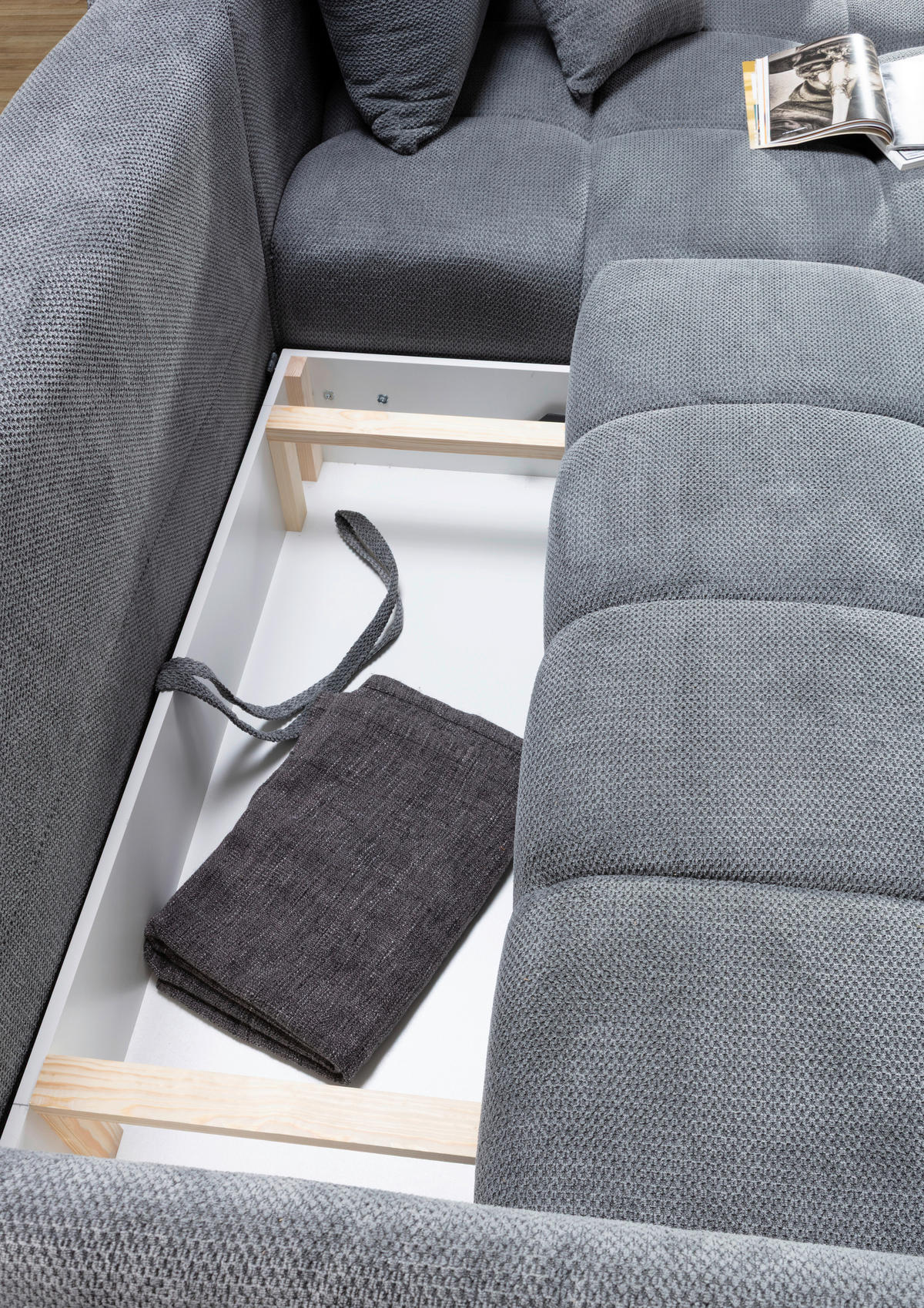 ECKSOFA Grau Plüsch Zierkissen, Rückenkissen, Bettkasten, Schlaffunktion, Rücken echt, Liegefläche im Originalstoff  - Schwarz/Grau, KONVENTIONELL, Kunststoff/Textil (253/192cm) - Carryhome