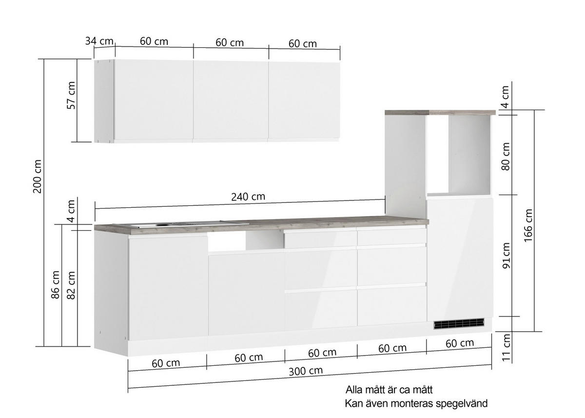 MODULKÖK UTAN VITVAROR 300 cm   i grå, vit, vit högglans  - vit/vit högglans, Lifestyle, trämaterial (300cm) - Held