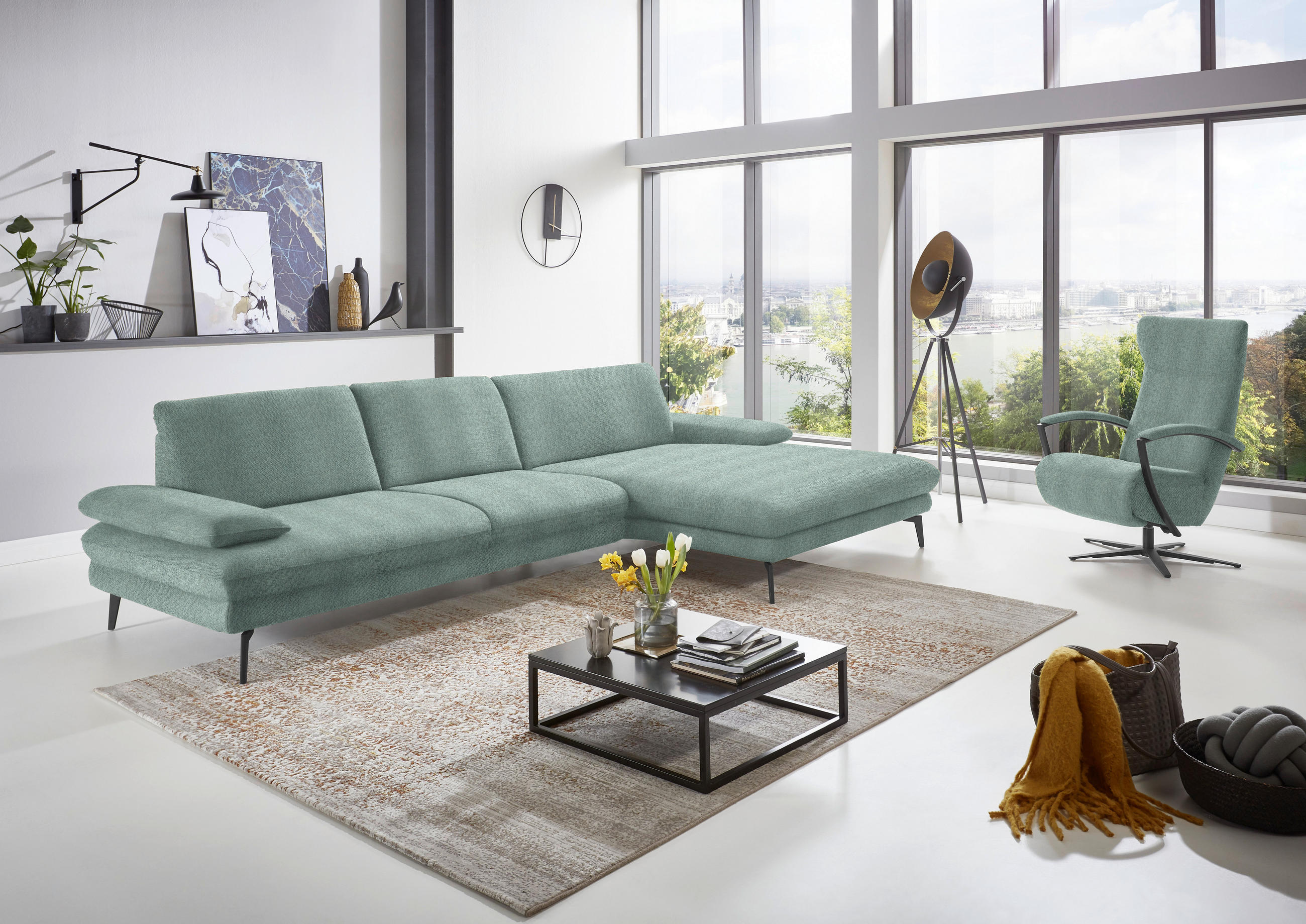 ECKSOFA in Chenille Mintgrün  310/180 cm  - Schwarz/Mintgrün, Design, Textil/Metall (310/180cm) - Dieter Knoll