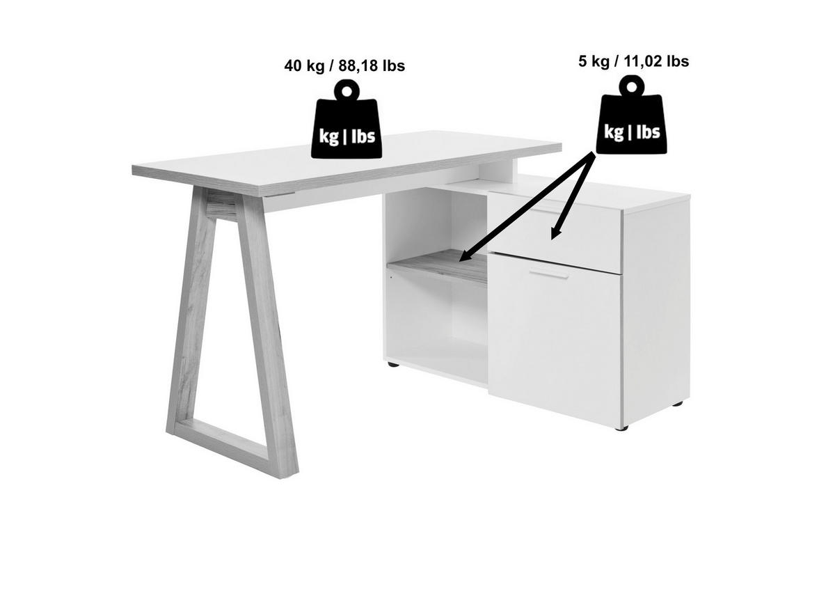 BUREAU D'ANGLE 120-130/55-95/76,2 cm  in Weiss, Eichefarben  - Weiss/Eichefarben, Modern, Holzwerkstoff/Metall (120-130/55-95/76,2cm) - Novel