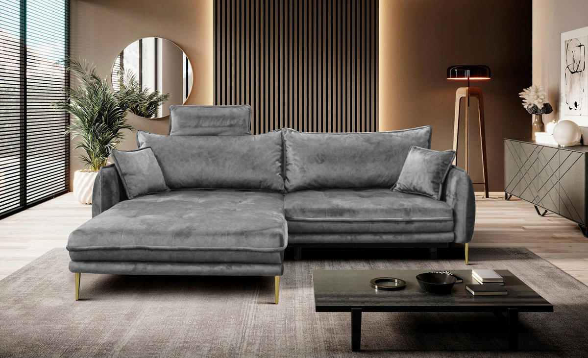 ECKSOFA Grau Velours  - Goldfarben/Grau, Design, Textil/Metall (196/264cm) - MID.YOU