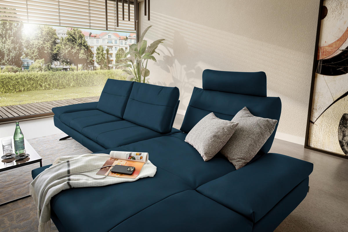 ECKSOFA in Echtleder Blau  - Blau/Schwarz, Modern, Leder/Metall (342/158cm) - Chilliano
