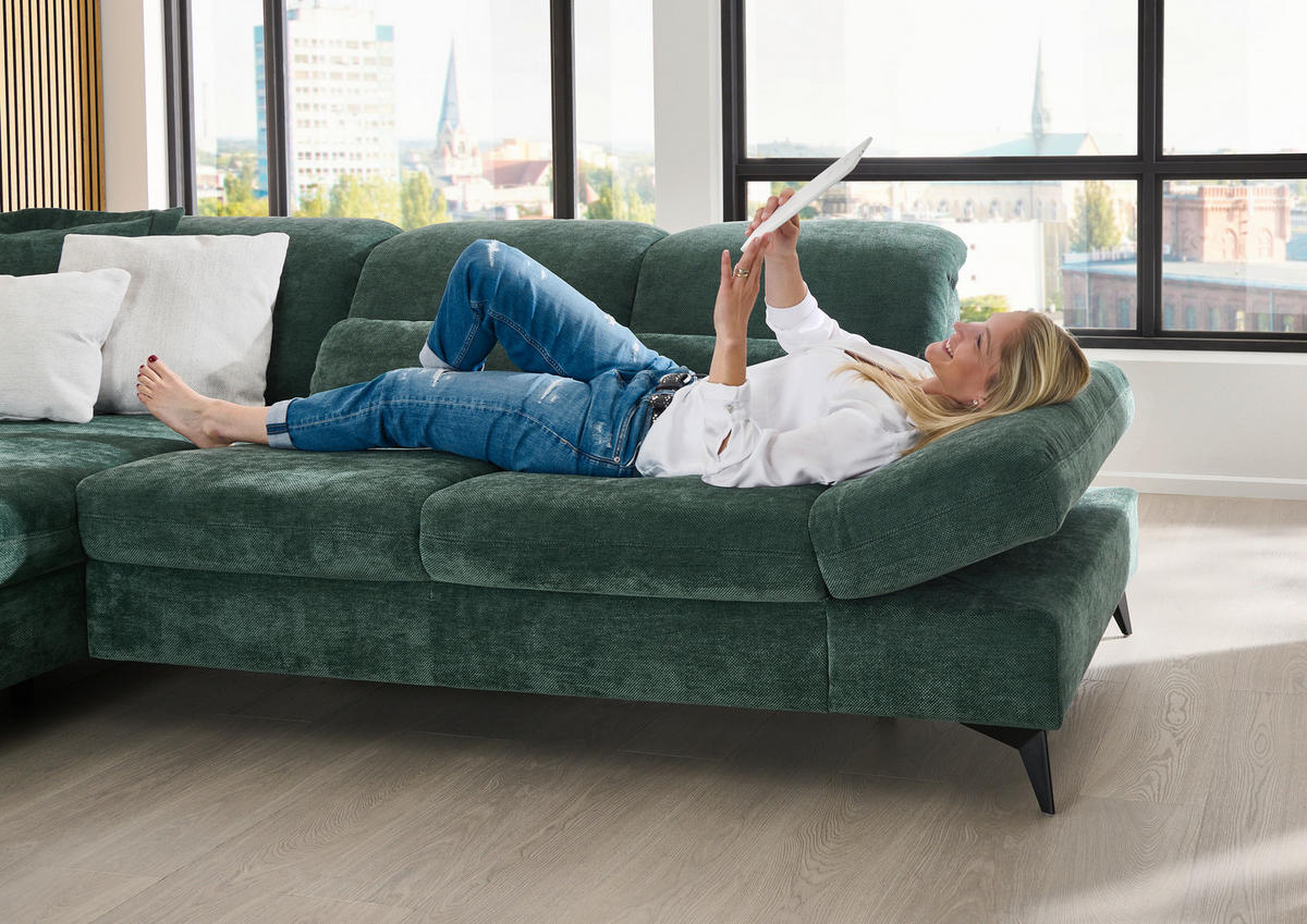 ECKSOFA Dunkelgrün Chenille  - Dunkelgrün/Schwarz, Design, Textil/Metall (198/288cm) - Beldomo Style