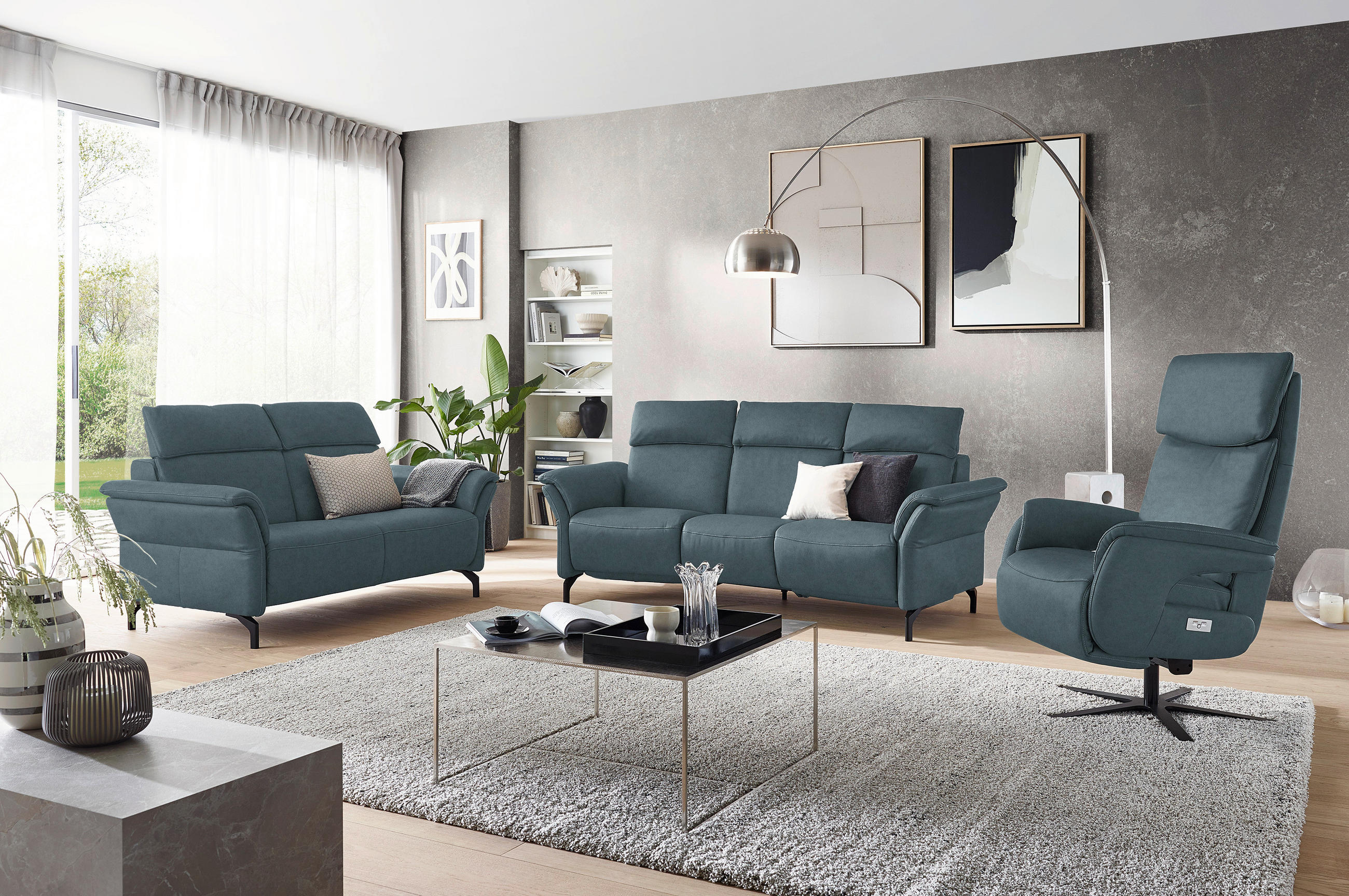 TRAPEZSOFA Echtleder Graublau  - Graublau/Schwarz, KONVENTIONELL, Leder/Metall (221/103/95cm) - Dieter Knoll