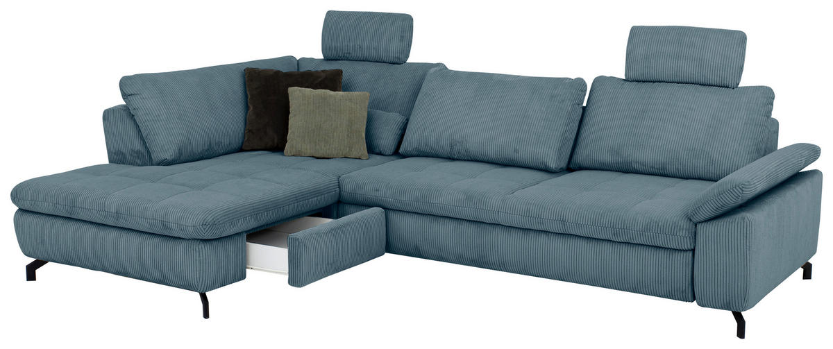 ECKSOFA in Cord, Velours Petrol  - Petrol/Schwarz, Design, Textil/Metall (197/291cm) - Beldomo Style