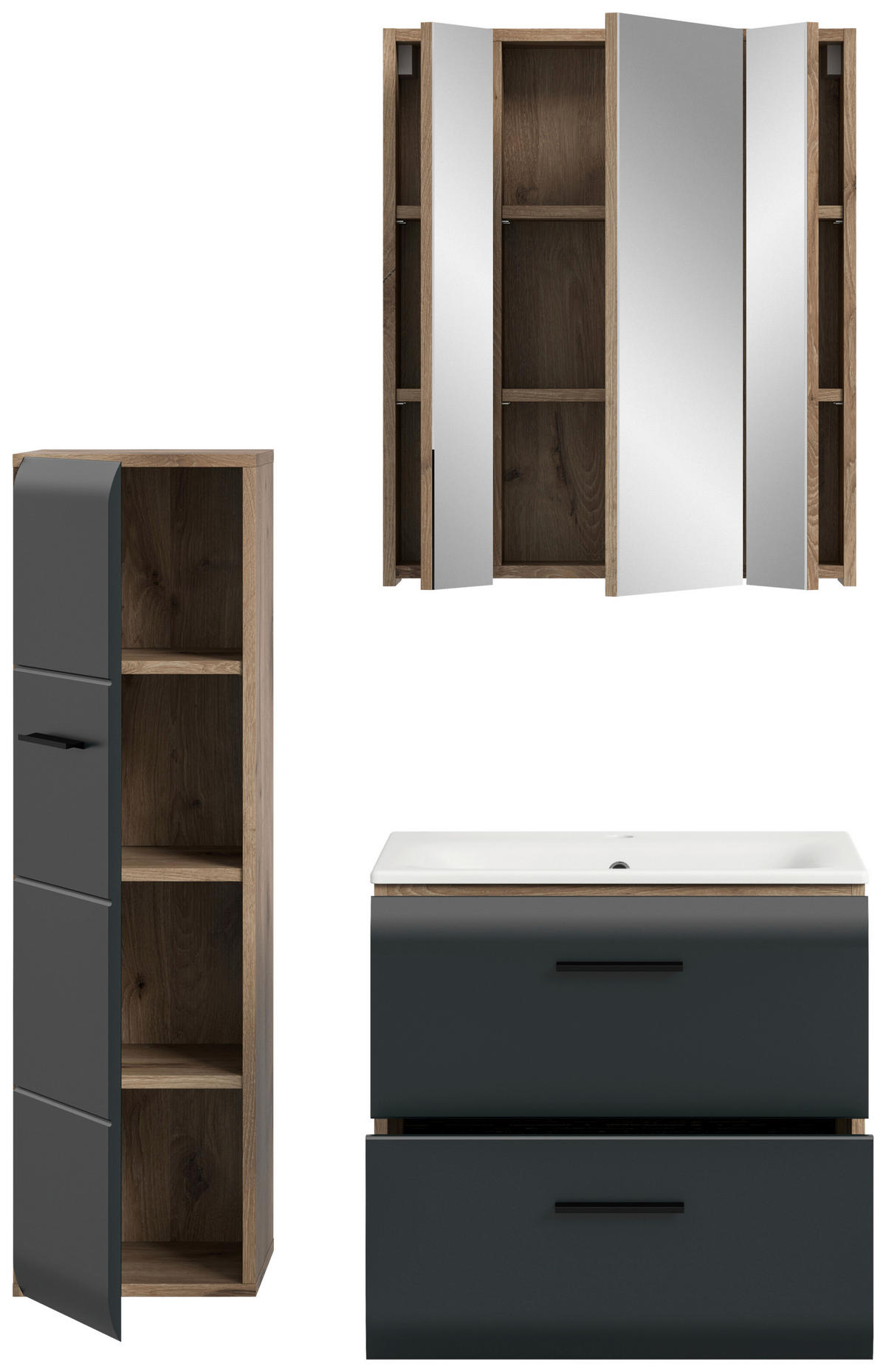 BADEZIMMER 3-teilig  in 90 cm  - Eiche dunkel/Schwarz, Basics, Keramik/Holzwerkstoff (90cm) - MID.YOU