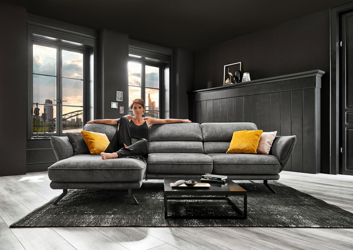 ECKSOFA in Velours Silberfarben  - Silberfarben/Schwarz, Design, Textil/Metall (153/283cm) - Valdera