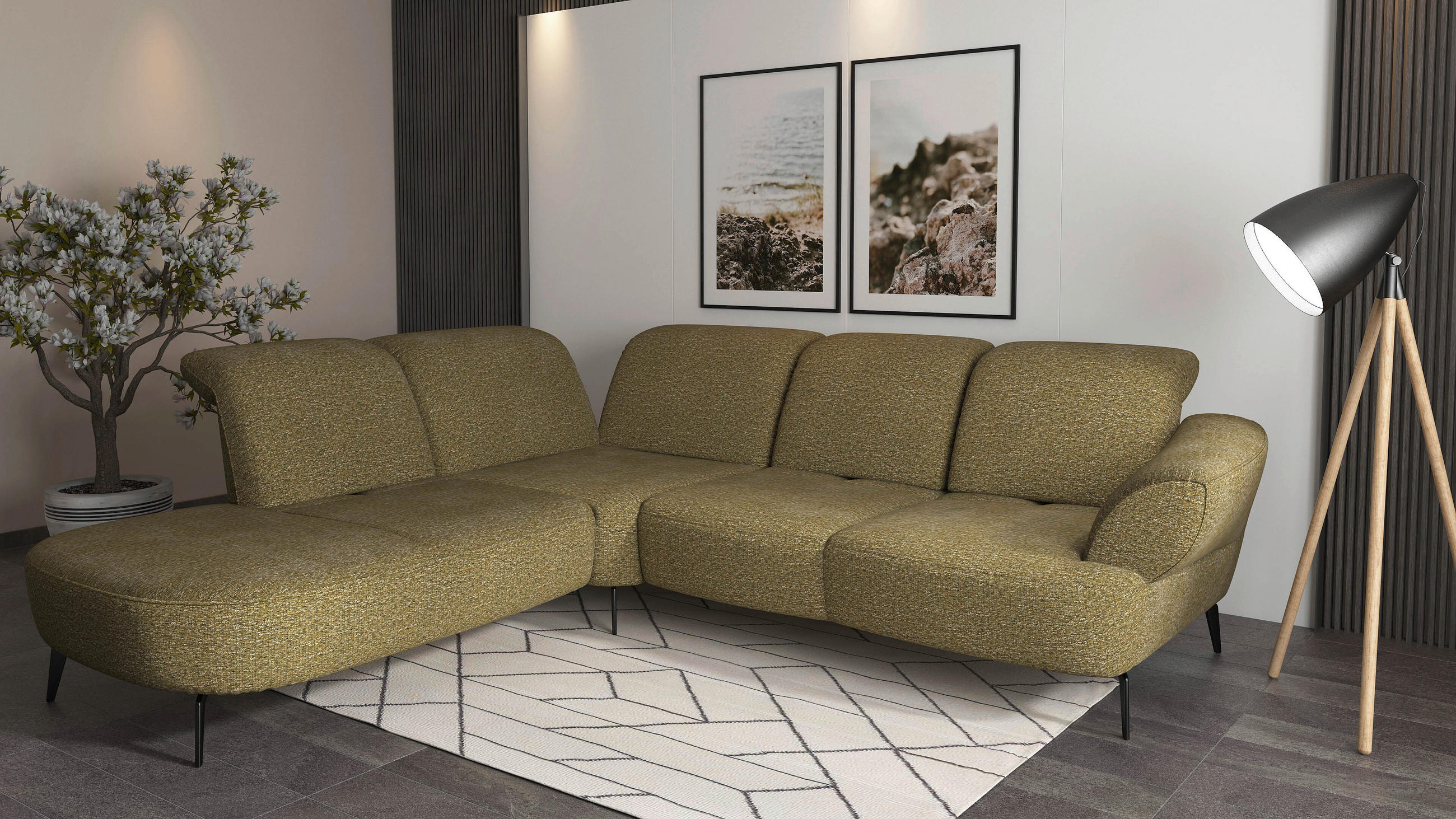 ECKSOFA in Chenille Olivgrün - Schwarz/Olivgrün, Modern, Textil/Metall (270/302cm) - Sit & More