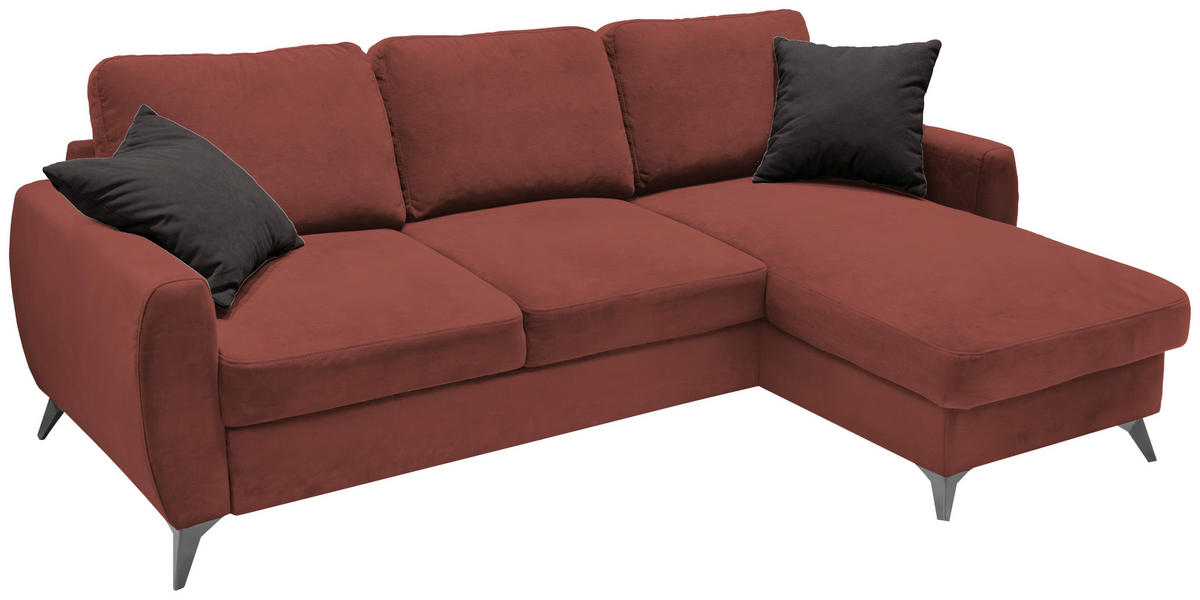 ECKSCHLAFSOFA JEFFREY Mikrovelours Rotbraun  inkl. Zierkissen, Rückenkissen, Stauraum  - Rotbraun/Schwarz, KONVENTIONELL, Textil/Metall (230/150cm) - Livetastic