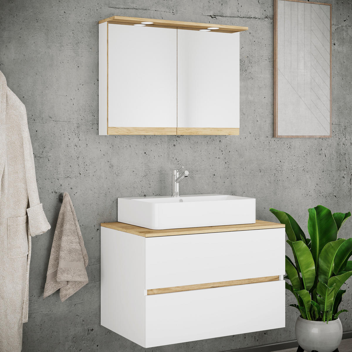 BADEZIMMER 3-teilig 80 cm  - Honigeiche/Weiss, Trend, Keramik/Holzwerkstoff (80cm) - MID.YOU