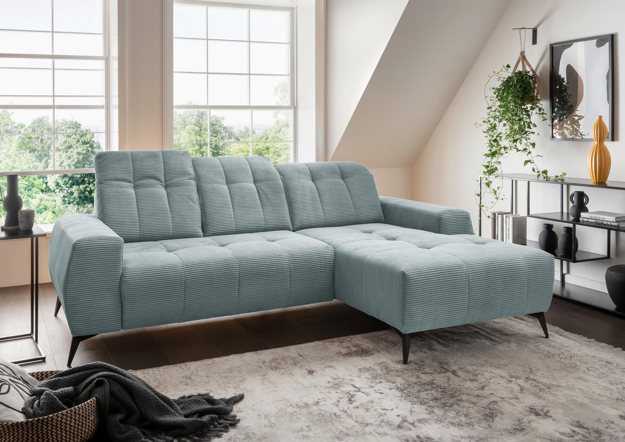ECKSOFA in Cord Hellblau  - Schwarz/Hellblau, Modern, Textil/Metall (258/180cm) - Livetastic