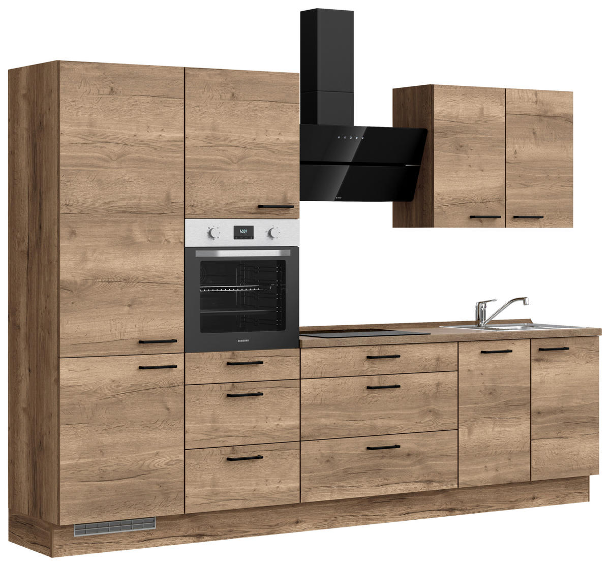 KÜCHENBLOCK 300 cm   in Eiche dunkel  - Eiche dunkel/Schwarz, MODERN, Holzwerkstoff/Metall (300cm) - Nobilia