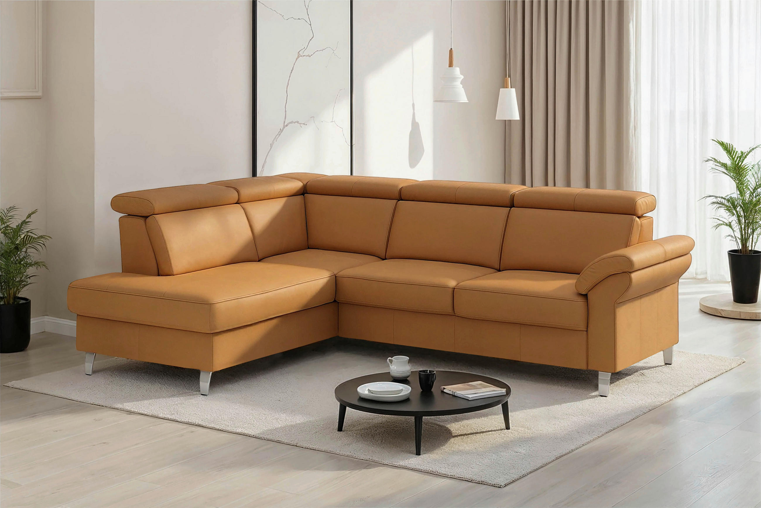 ECKSOFA ARNGAST E Currygelb Echtleder Kopfteilverstellung  - Chromfarben/Currygelb, Basics, Leder/Textil (194/245cm) - Sit & More