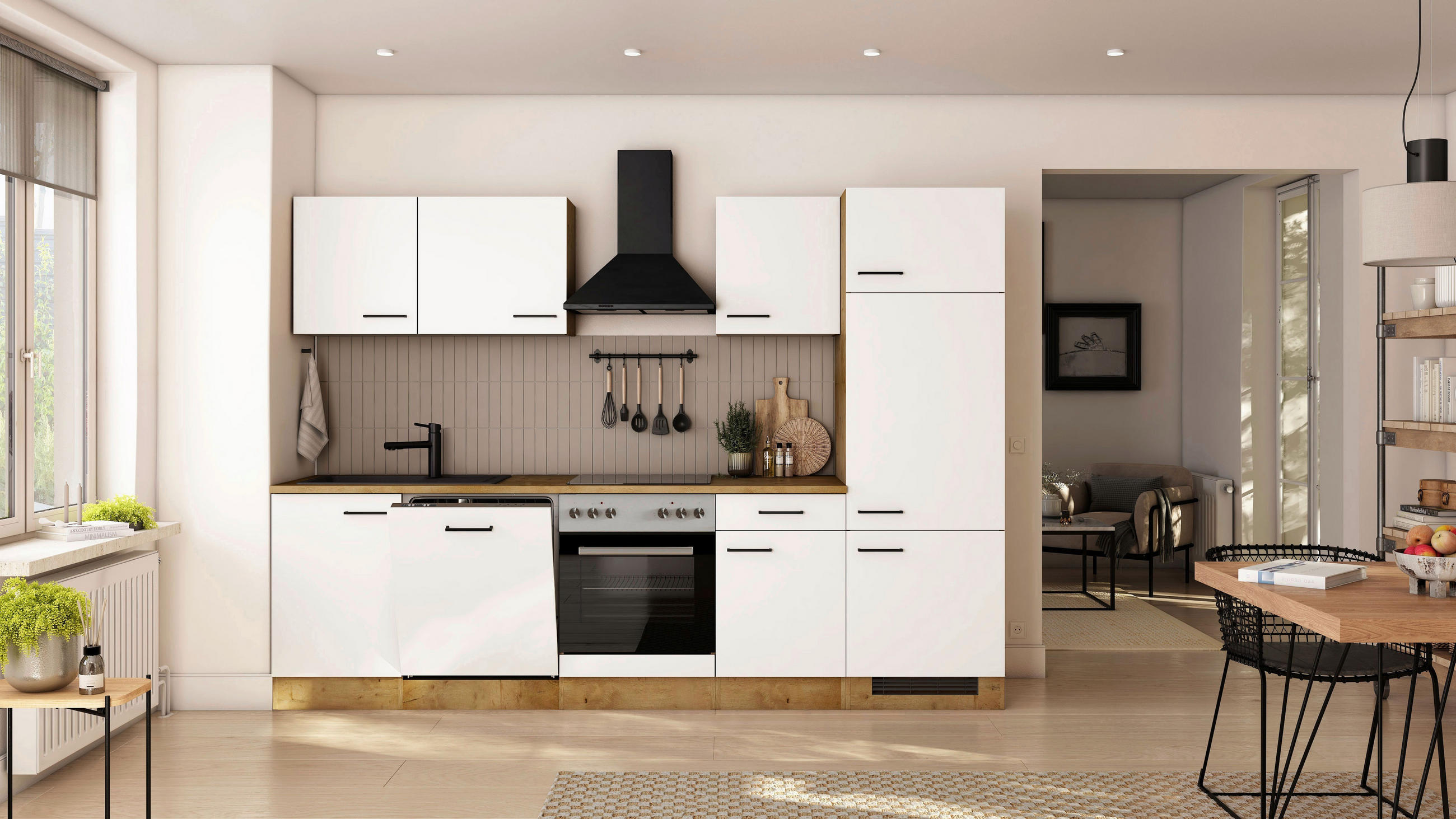 KÜCHENBLOCK 280 cm  in Eichefarben, Magnolie  - Eichefarben/Magnolie, Trend, Holzwerkstoff/Metall (280cm) - FlexWell