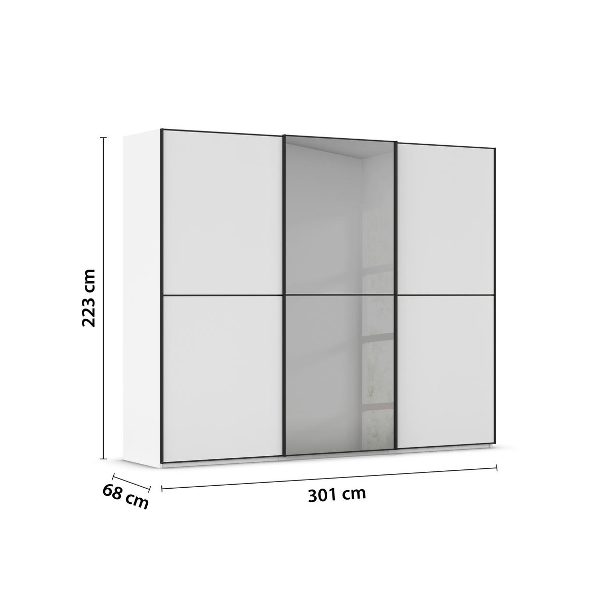 SCHWEBETÜRENSCHRANK 301/223/68 cm 3-türig Weiß, Schwarz  - Schwarz/Weiß, KONVENTIONELL, Glas/Holzwerkstoff (301/223/68cm) - Novel