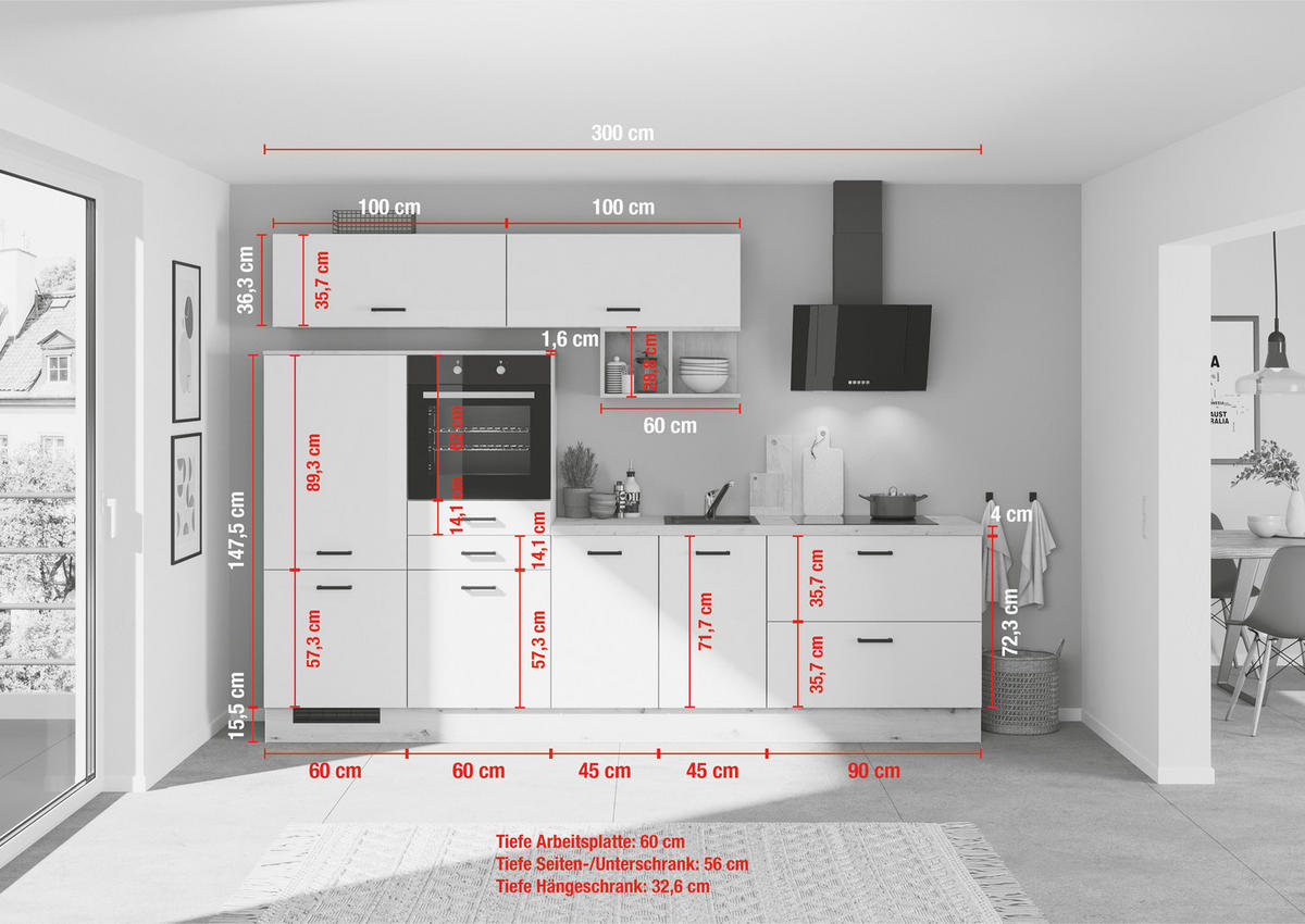 KÜCHENLEERBLOCK 300 cm   in Schwarz, Eiche dunkel  - Eiche dunkel/Schwarz, Design, Holzwerkstoff/Metall (300cm) - Impuls