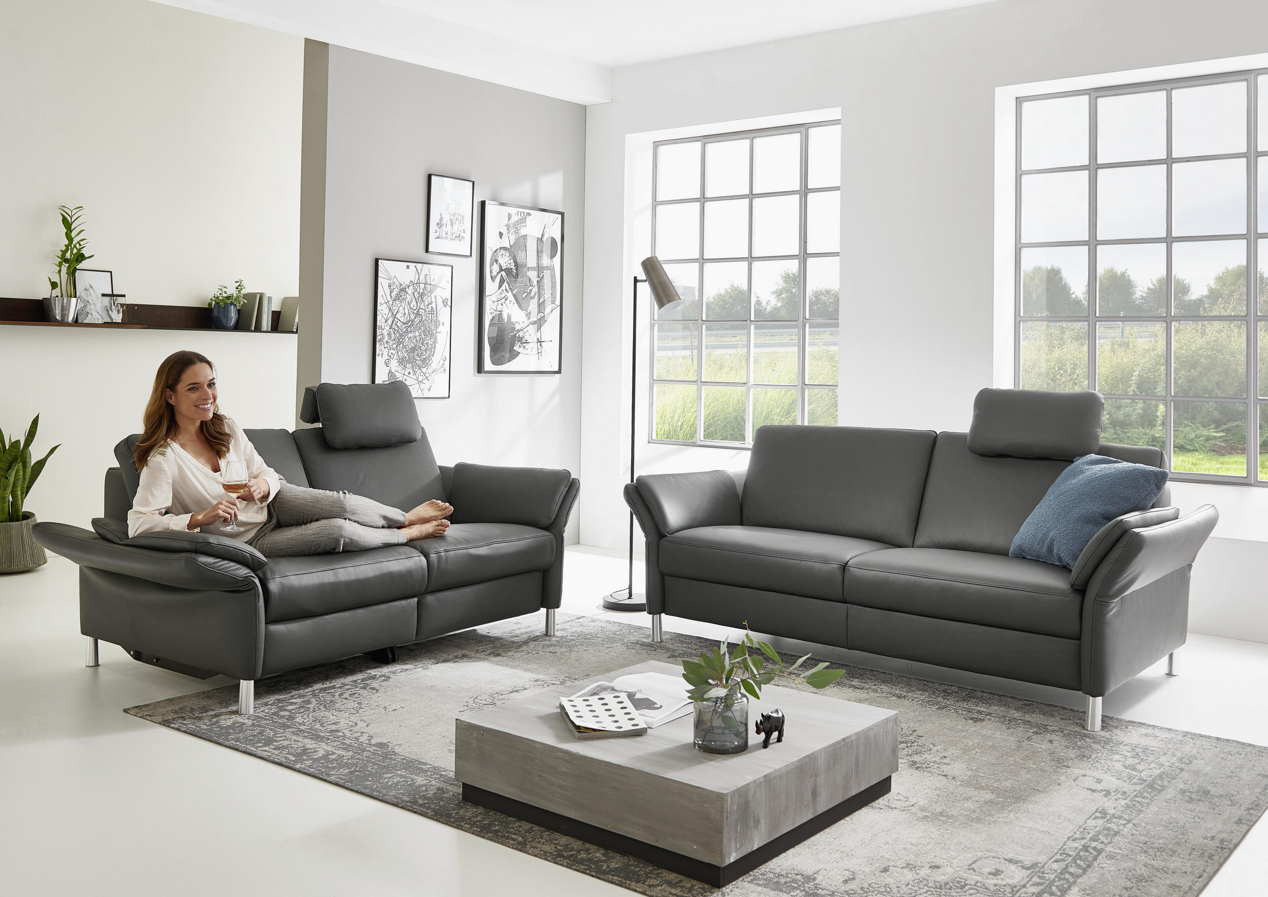 DREISITZER-SOFA Echtleder Anthrazit  - Anthrazit/Alufarben, Design, Leder/Metall (190/82/99cm) - Dieter Knoll