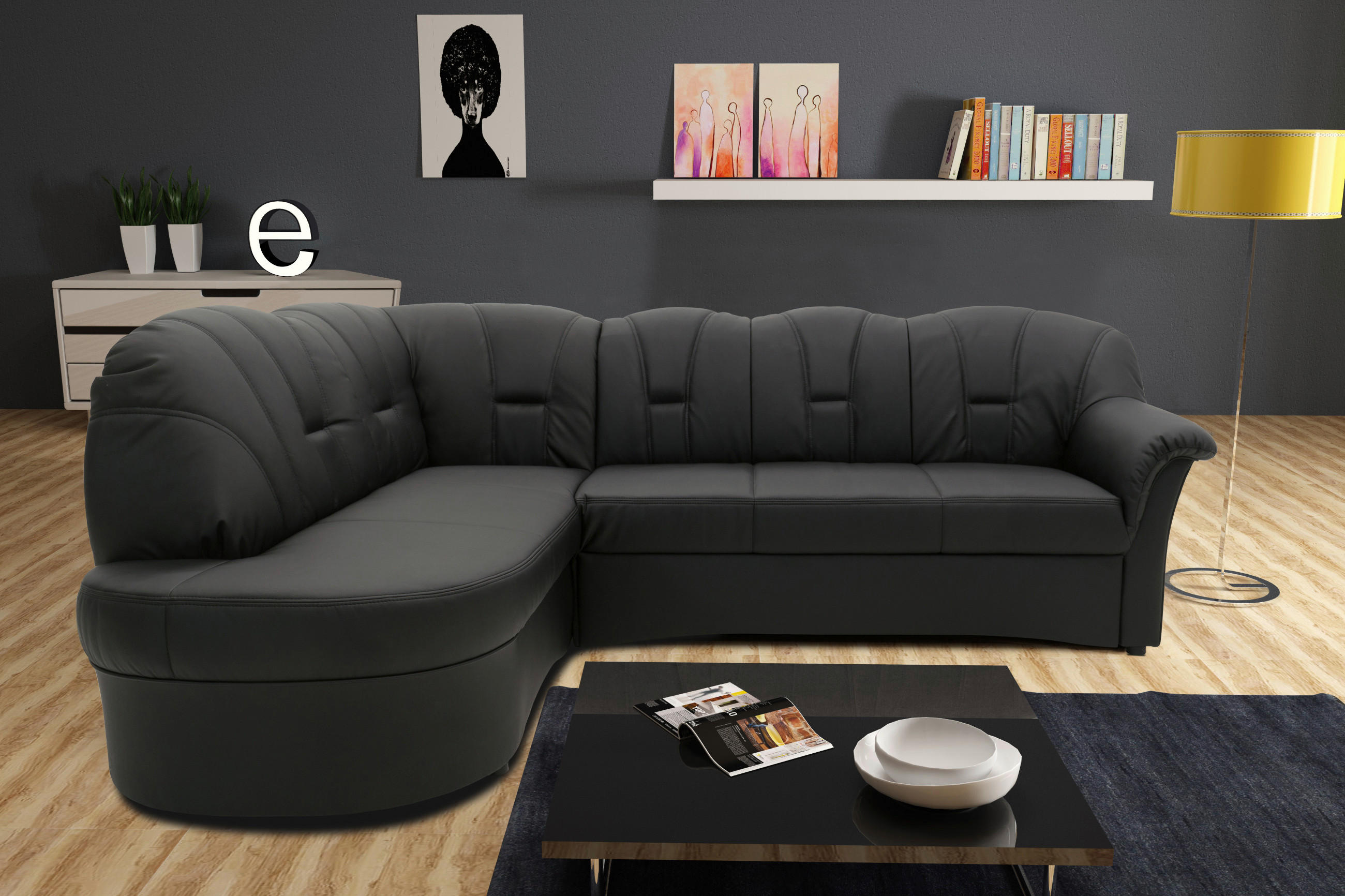 Ecksofa Schwarz Lederlook  - Schwarz/Weiß, KONVENTIONELL, Textil (180/243cm) - MID.YOU