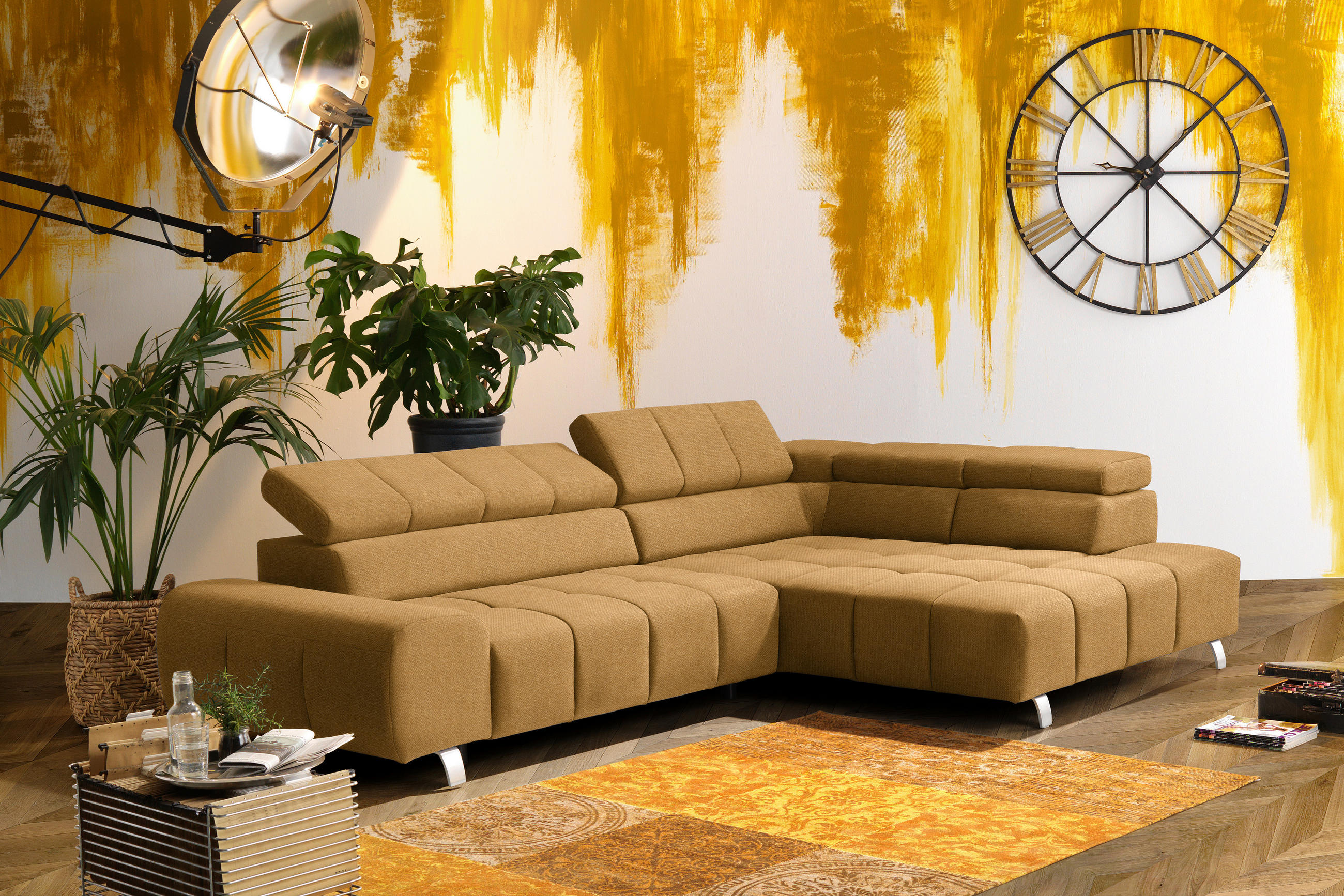 ECKSOFA Goldfarben Webstoff  - Dunkelgrau/Silberfarben, Design, Textil/Metall (295/201cm) - Hom`in