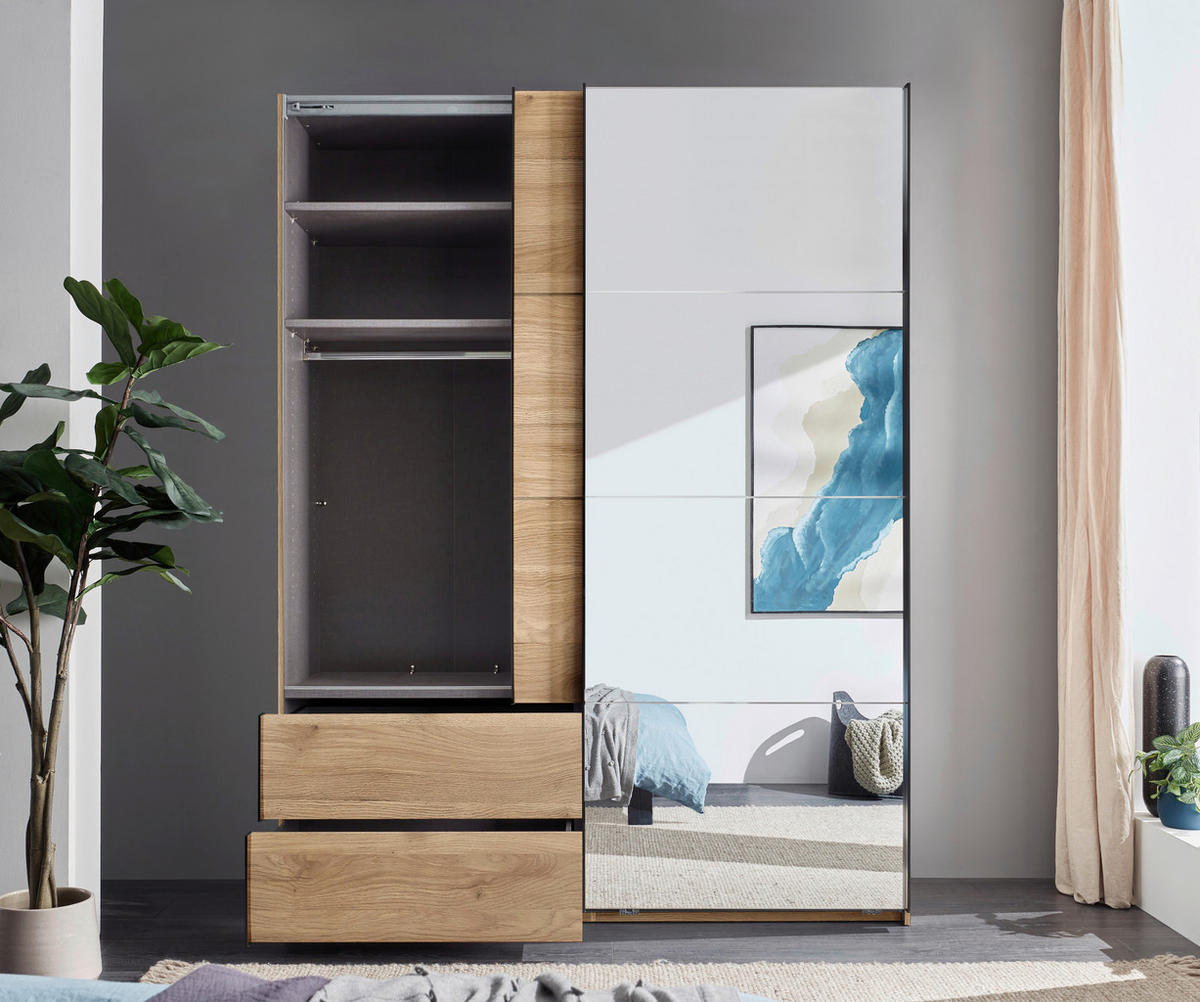 SCHWEBETÜRENSCHRANK  in Eichefarben  - Eichefarben/Schwarz, MODERN, Glas/Holzwerkstoff (170/225,5/60,5cm) - Xora