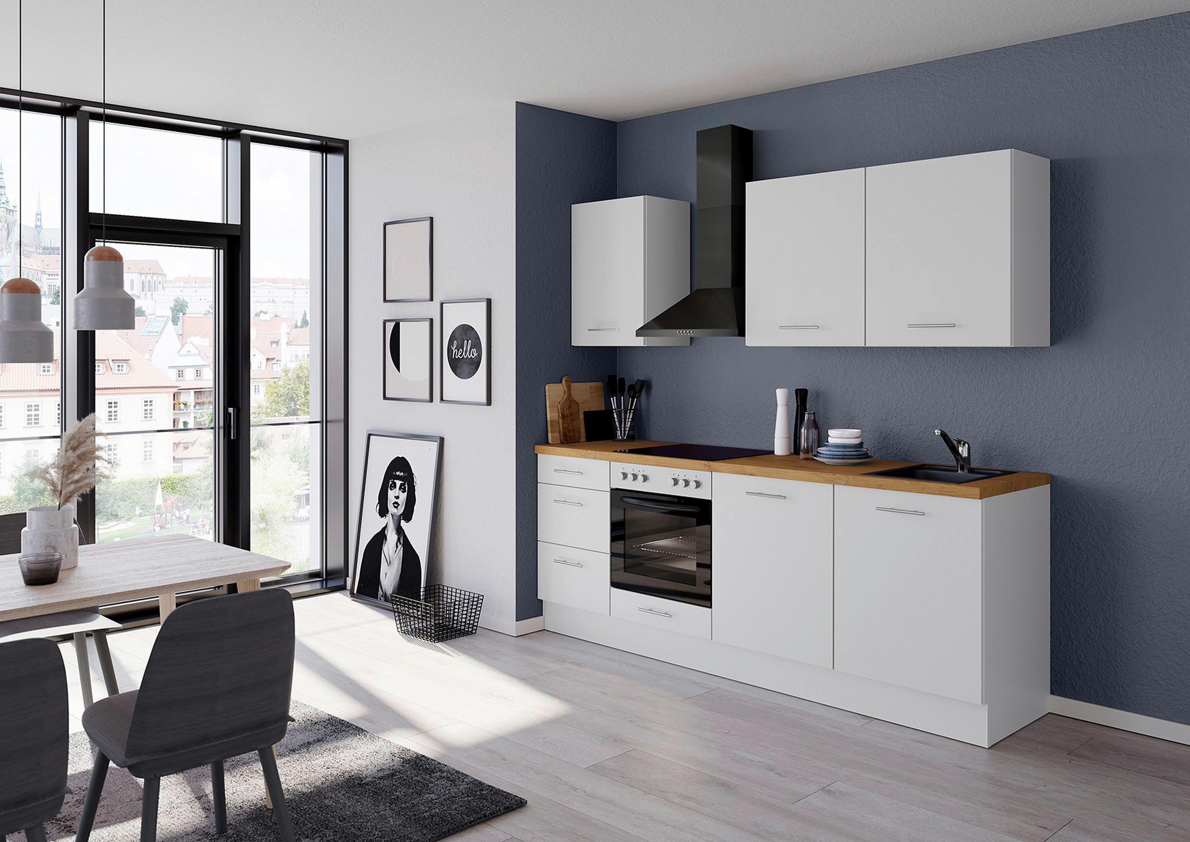 KÜCHENBLOCK 230 cm   in Weiß  - Edelstahlfarben/Eichefarben, Design, Holzwerkstoff/Metall (230cm) - Impuls