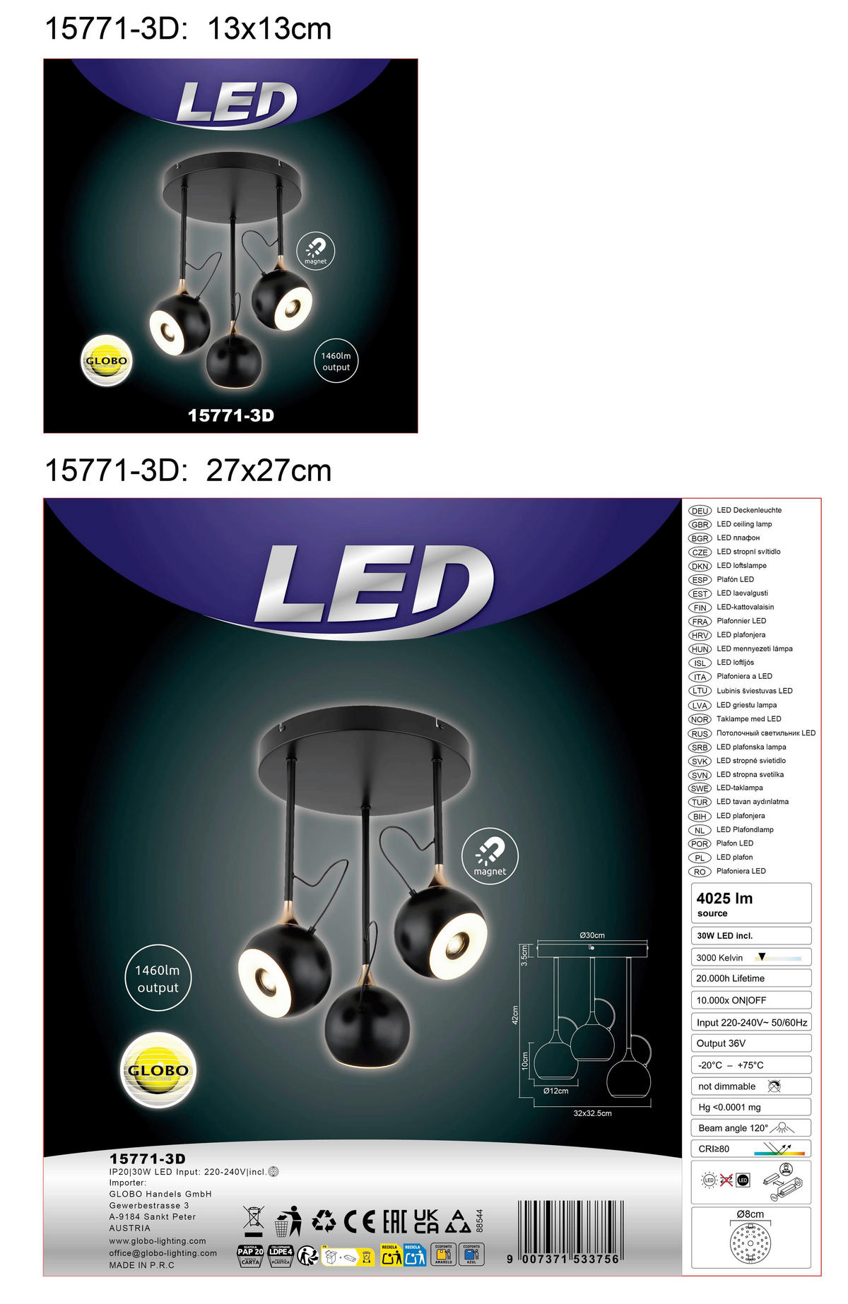 STROPNÍ LED SVÍTIDLO, 32,5/42 cm  - bílá/černá, Design, kov/plast (32,5/42cm) - Globo