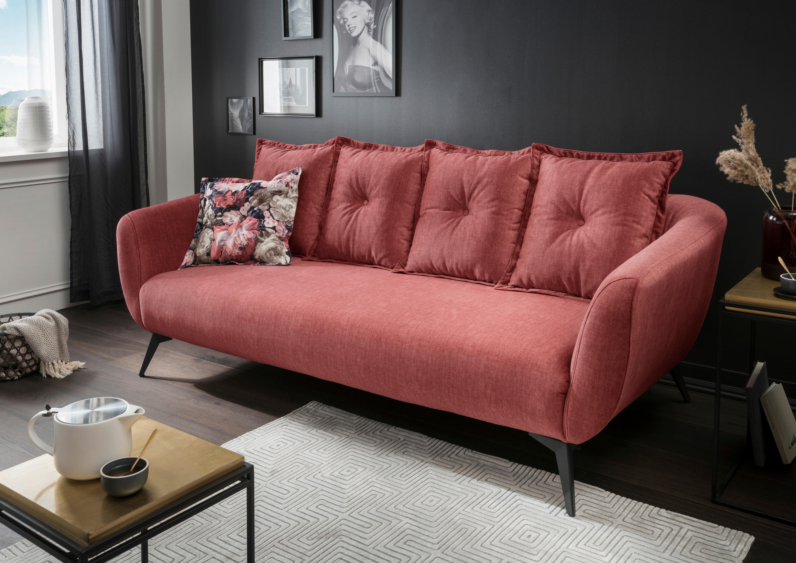 3-SITZER-SOFA in Velours Koralle, Multicolor - Koralle/Multicolor, Basics, Holz/Textil (236/94/103cm) - Livetastic