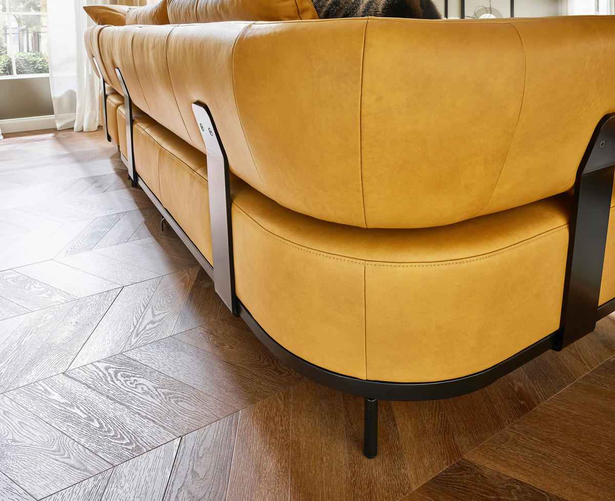 ECKSOFA in Echtleder Dunkelgelb  - Dunkelgelb/Schwarz, Design, Leder/Metall (302/237cm) - Dieter Knoll